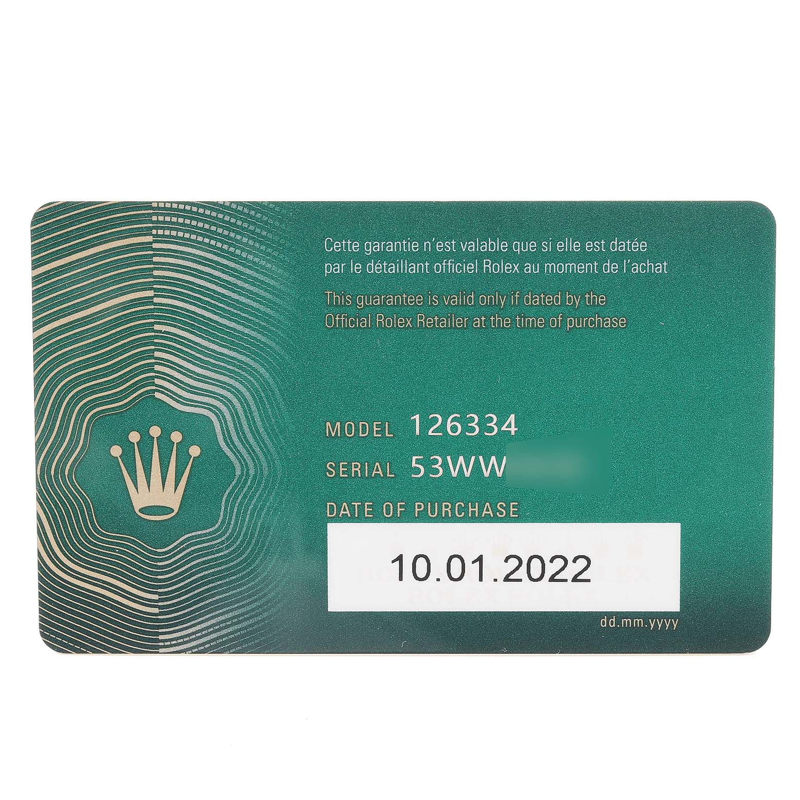This image shows a green Rolex guarantee card for the Datejust 41 model, including the model number, serial number, and date of purchase.