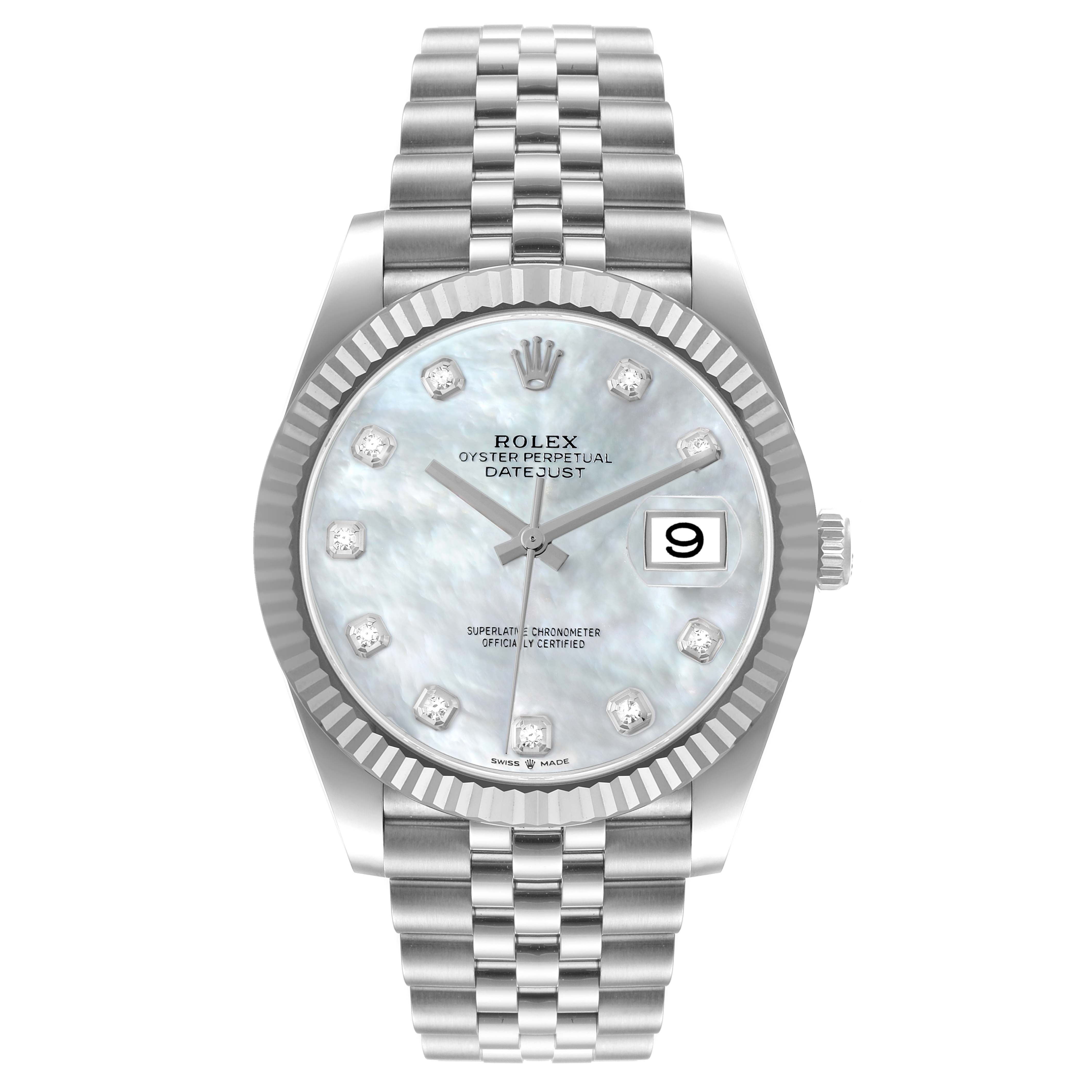 The image shows a front view of a Rolex Datejust 41 126334 Men's Stainless Steel Mother of Pearl Dial 126334 Men's Stainless Steel Mother of Pearl Dial watch, displaying its face, bezel, crown, and bracelet.