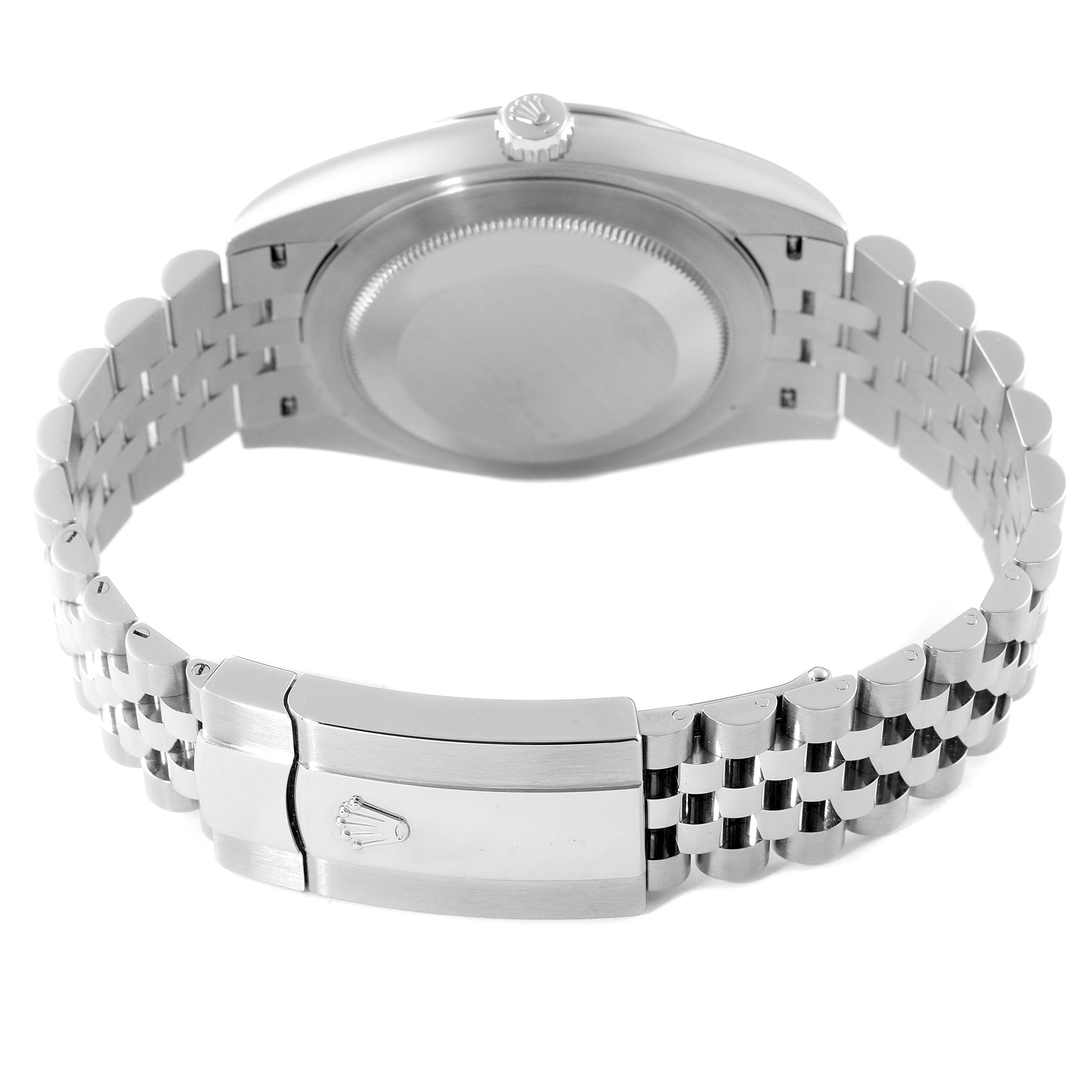 The image shows the back view of a Rolex Datejust 41 126334 Men's Stainless Steel Mother of Pearl Dial 126334 Men's Stainless Steel Mother of Pearl Dial watch, showcasing its clasp, bracelet, and case back.