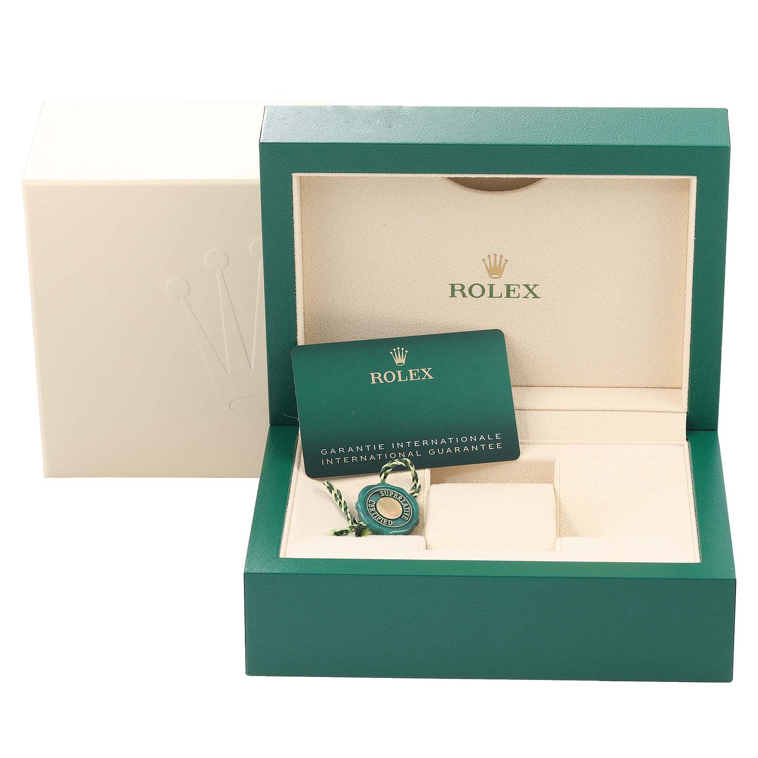 This image shows the packaging box for a Rolex Datejust 41 126334 Men's Stainless Steel Mother of Pearl Dial 126334 Men's Stainless Steel Mother of Pearl Dial watch along with a warranty card and tag.