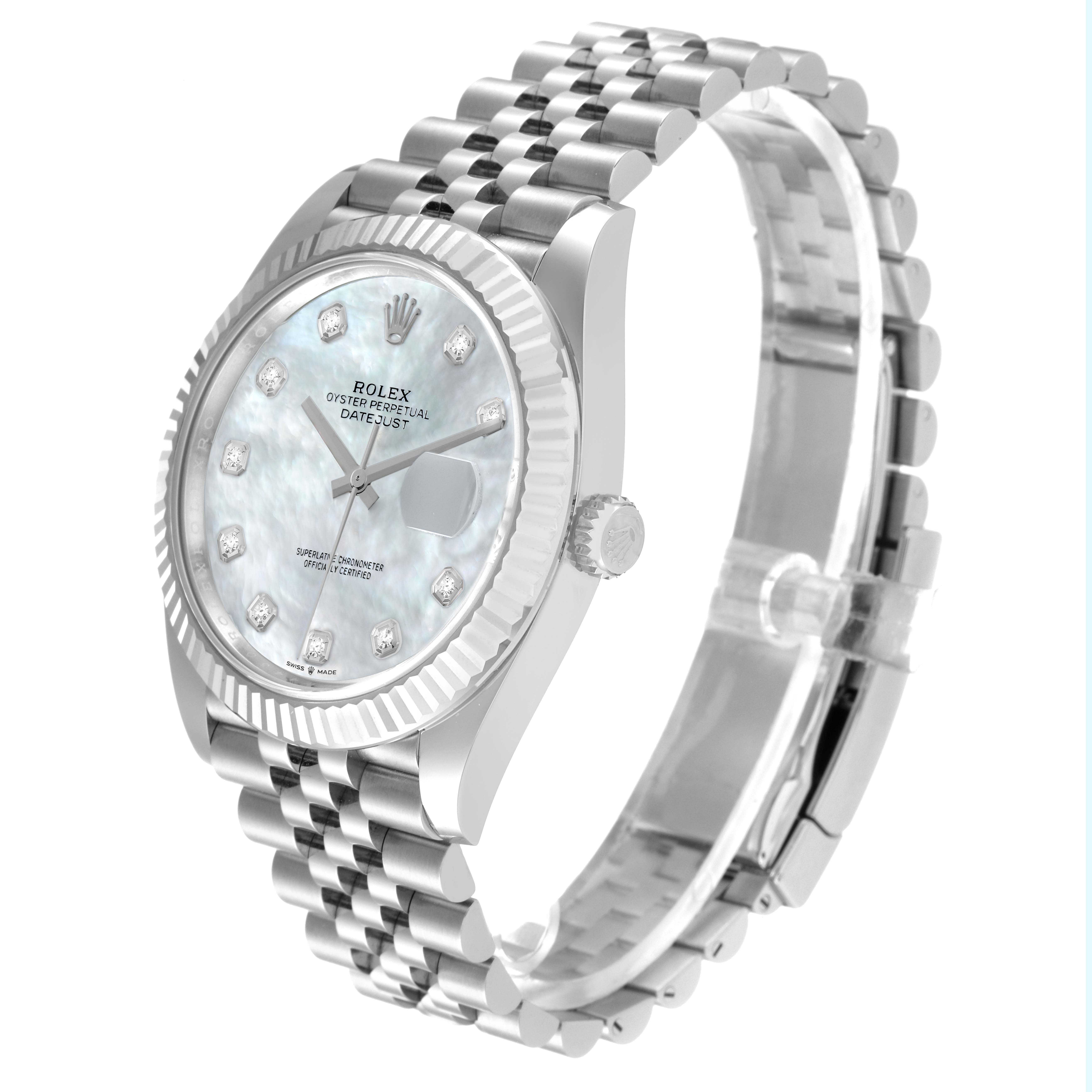 The image shows a Rolex Datejust 41 126334 Men's Stainless Steel Mother of Pearl Dial 126334 Men's Stainless Steel Mother of Pearl Dial model, showcasing its dial, bezel, crown, and bracelet at a slight angle from the front-right view.