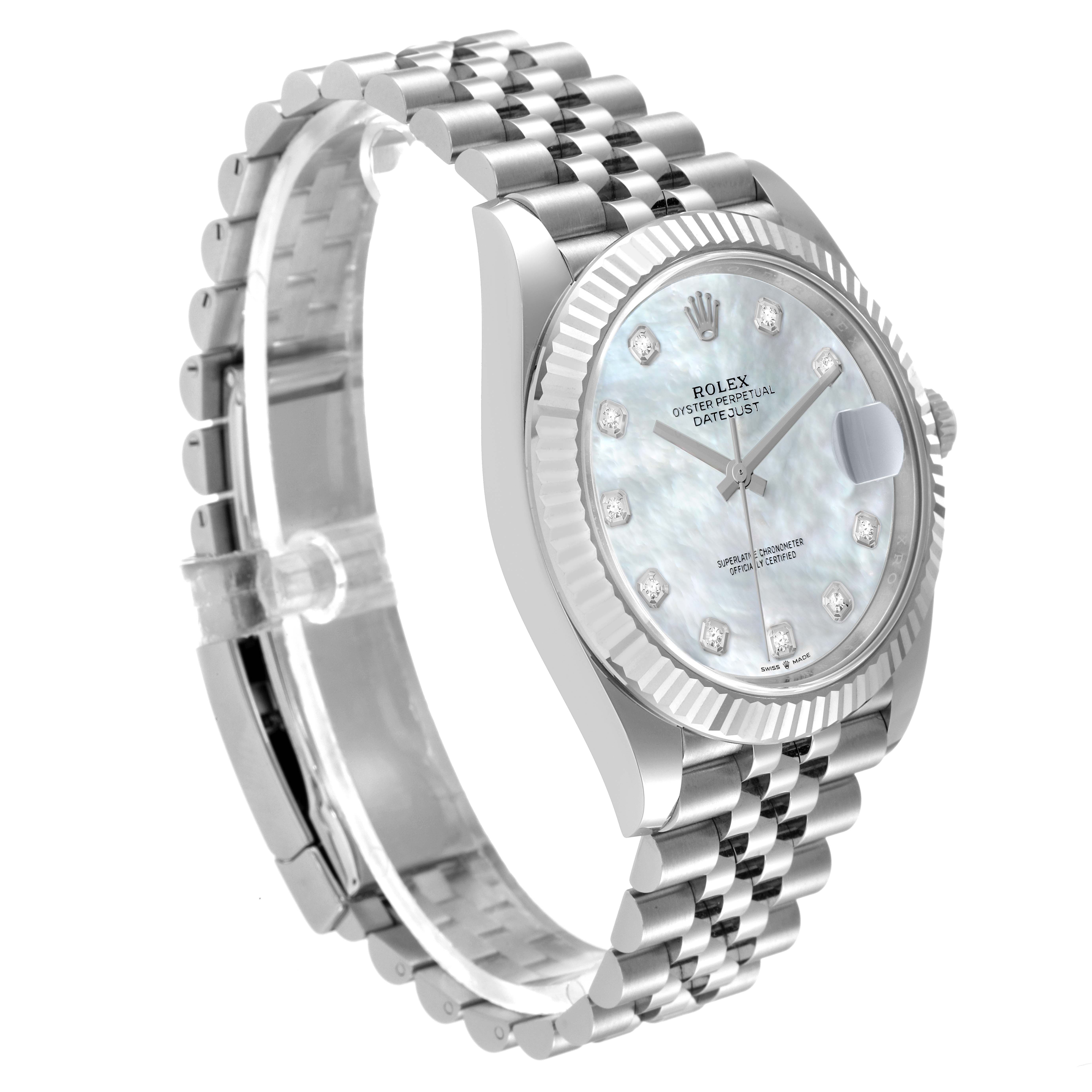 The image shows a Rolex Datejust 41 126334 Men's Stainless Steel Mother of Pearl Dial 126334 Men's Stainless Steel Mother of Pearl Dial watch at a slight side angle, highlighting the dial, bezel, and jubilee bracelet.