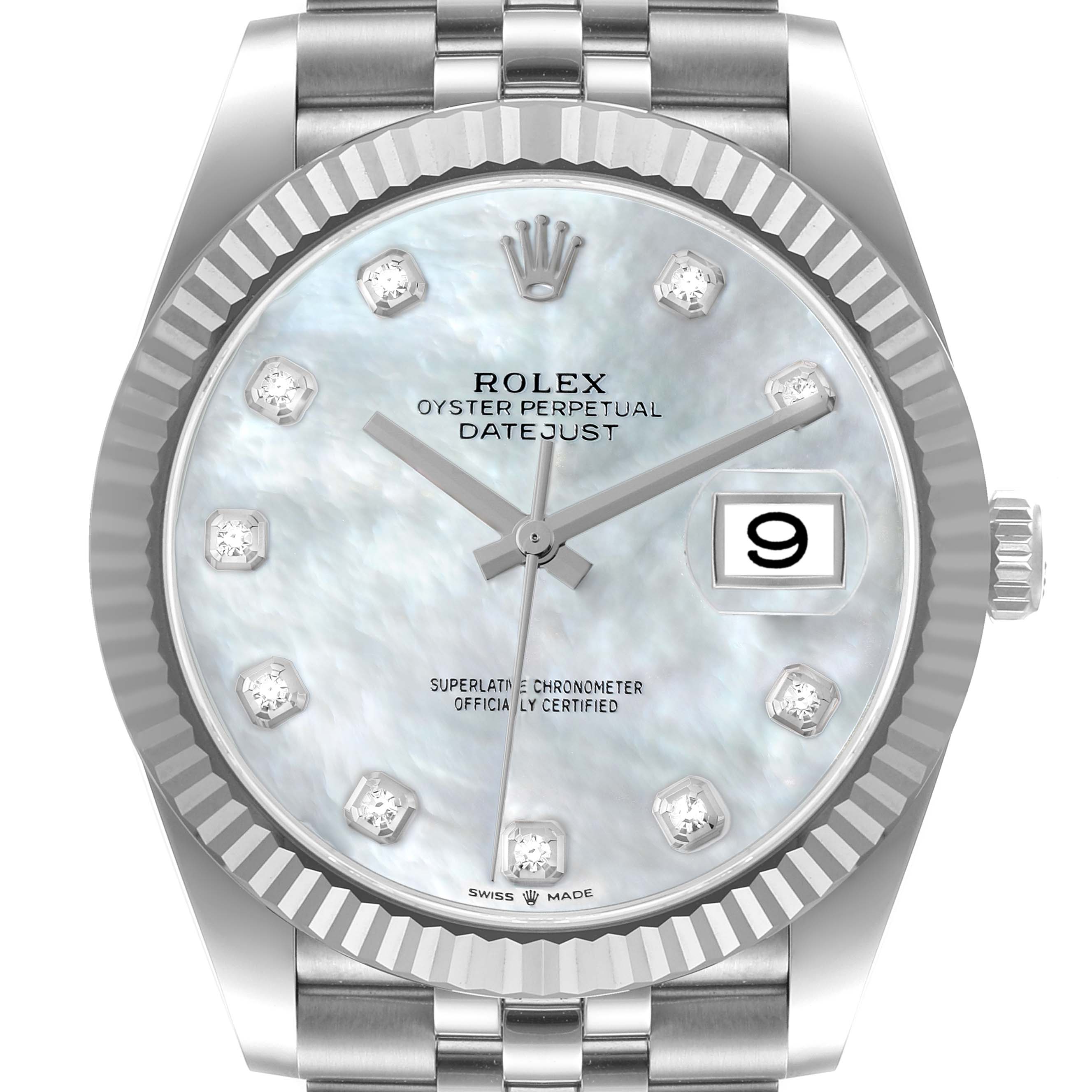 The image shows a frontal view of the Rolex Datejust 41 126334 Men's Stainless Steel Mother of Pearl Dial 126334 Men's Stainless Steel Mother of Pearl Dial watch, highlighting the dial, bezel, and part of the bracelet.