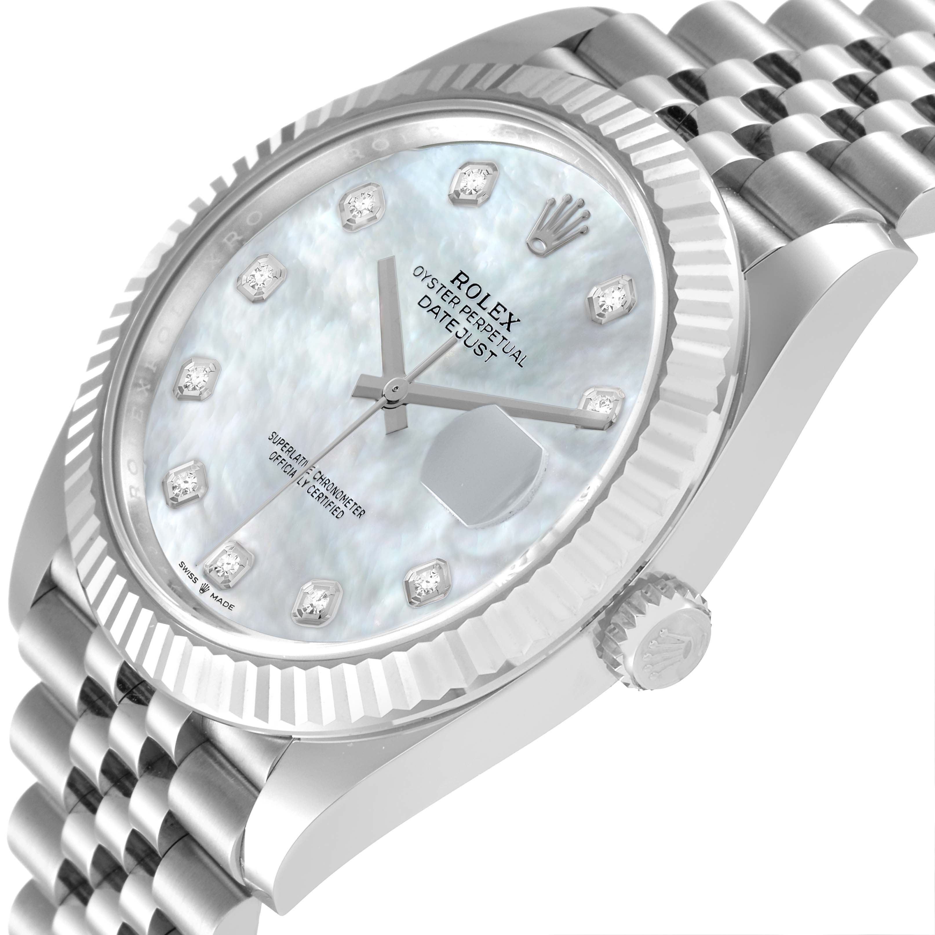 The image shows a Rolex Datejust 41 126334 Men's Stainless Steel Mother of Pearl Dial 126334 Men's Stainless Steel Mother of Pearl Dial watch from a slightly tilted side angle, highlighting the dial, fluted bezel, and part of the bracelet.