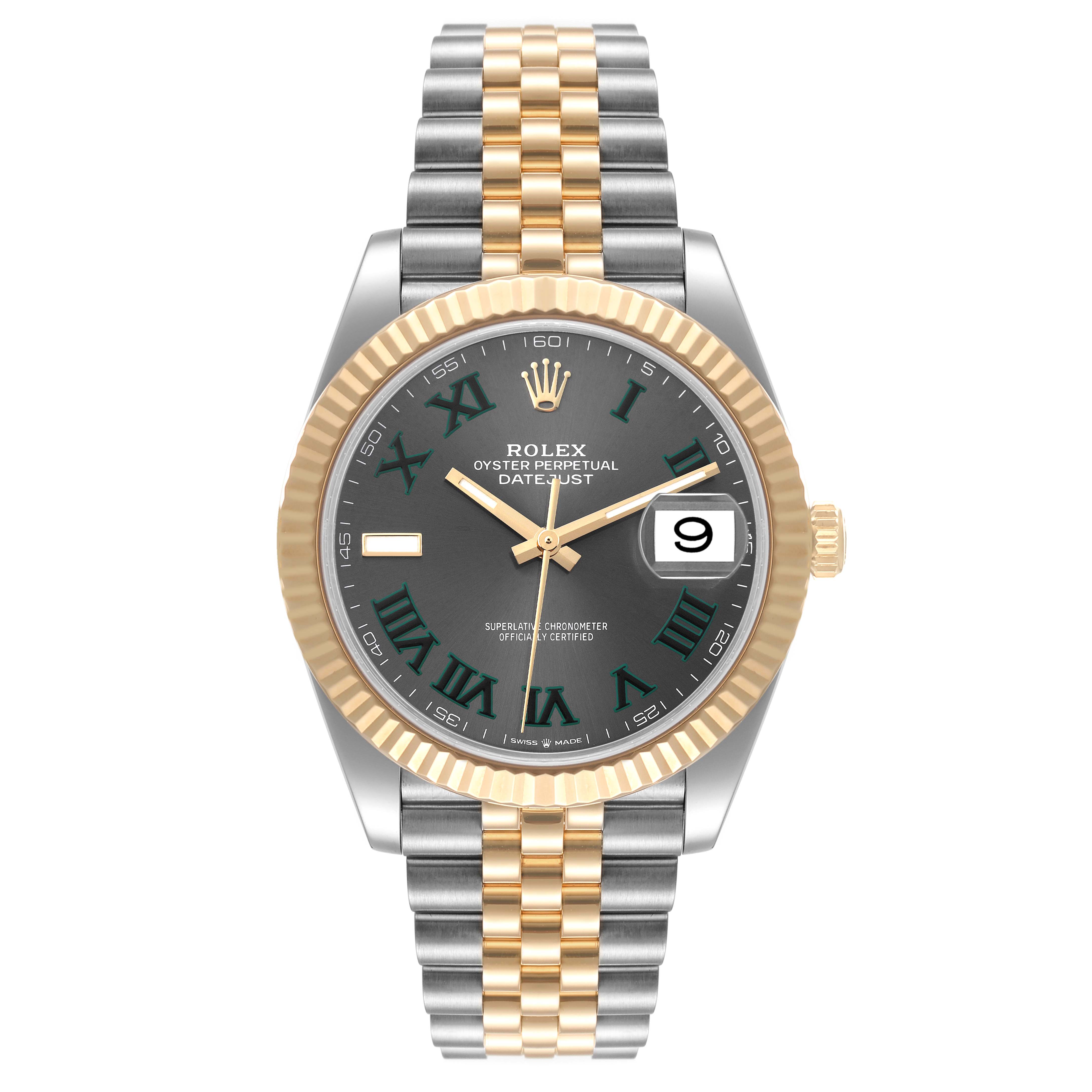 The image shows a front view of the Rolex Datejust 41 126333 Men's Steel and Gold (two tone) Grey Dial 126333 Men's Steel and Gold (two tone) Grey Dial watch, featuring a two-tone bracelet, gold fluted bezel, and gray dial with Roman numerals.