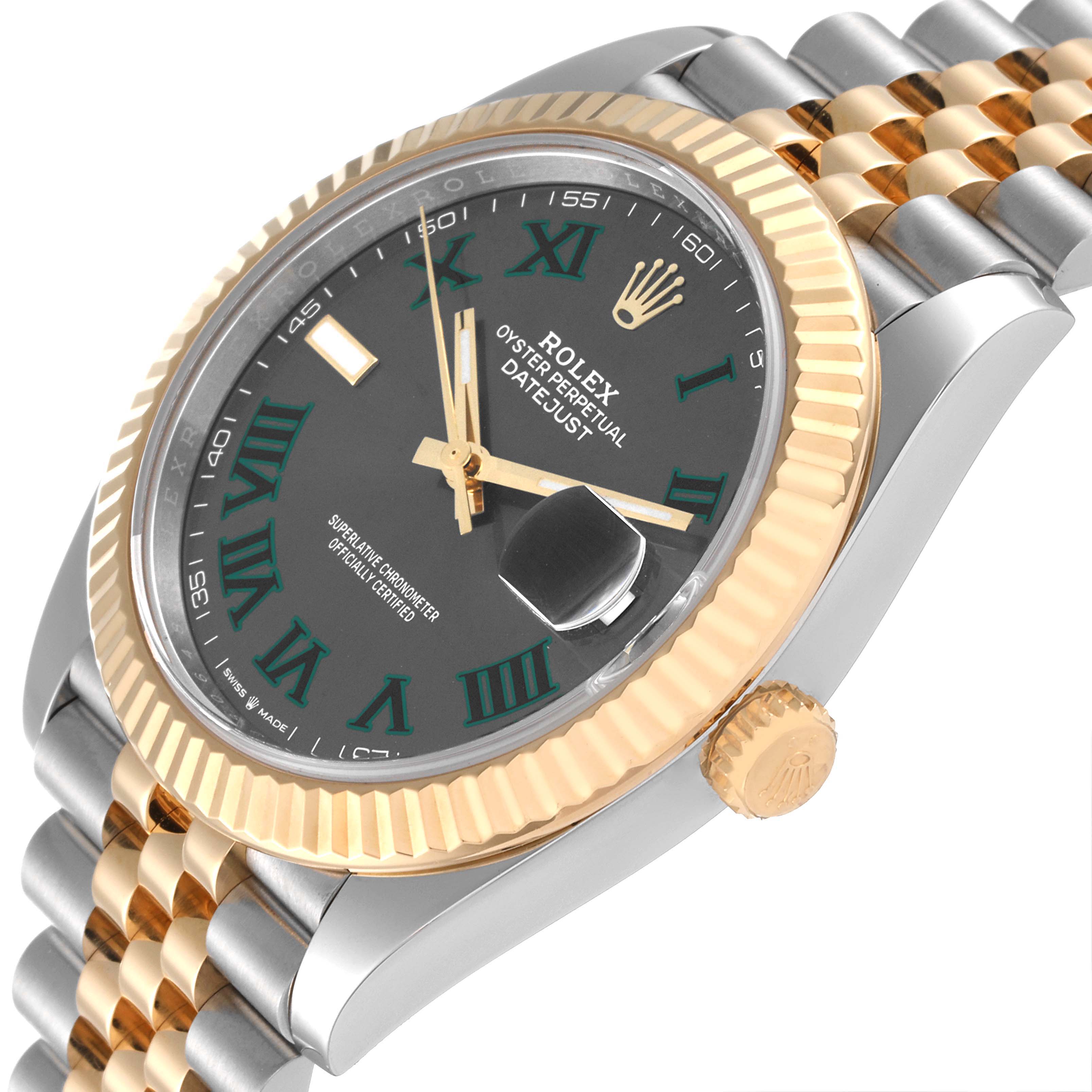 The image shows a side angle of a Rolex Datejust 41 126333 Men's Steel and Gold (two tone) Grey Dial 126333 Men's Steel and Gold (two tone) Grey Dial, highlighting the dial, bezel, crown, and part of the bracelet.