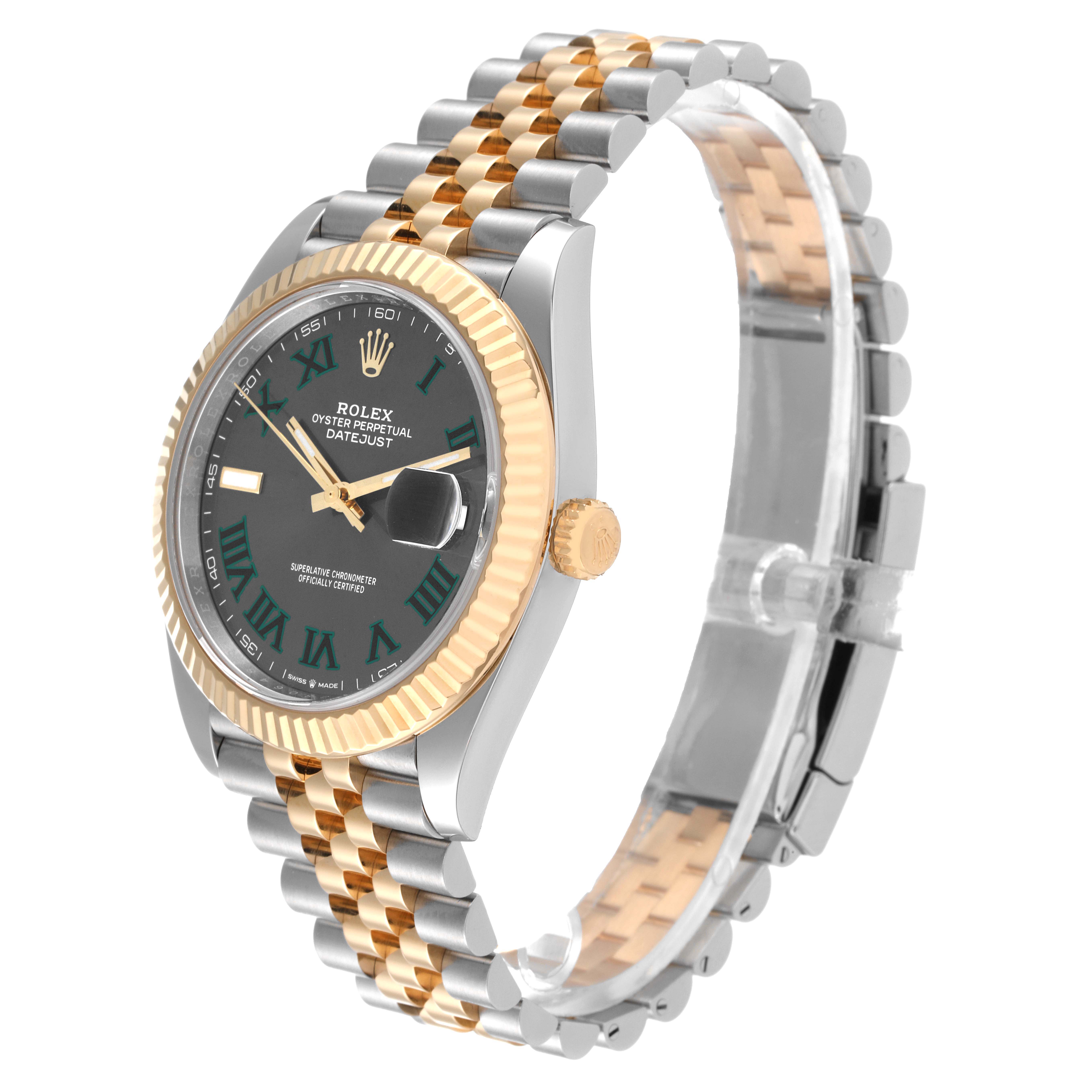 The image shows a Rolex Datejust 41 126333 Men's Steel and Gold (two tone) Grey Dial 126333 Men's Steel and Gold (two tone) Grey Dial watch from a side angle, highlighting its bracelet, dial, and fluted bezel.