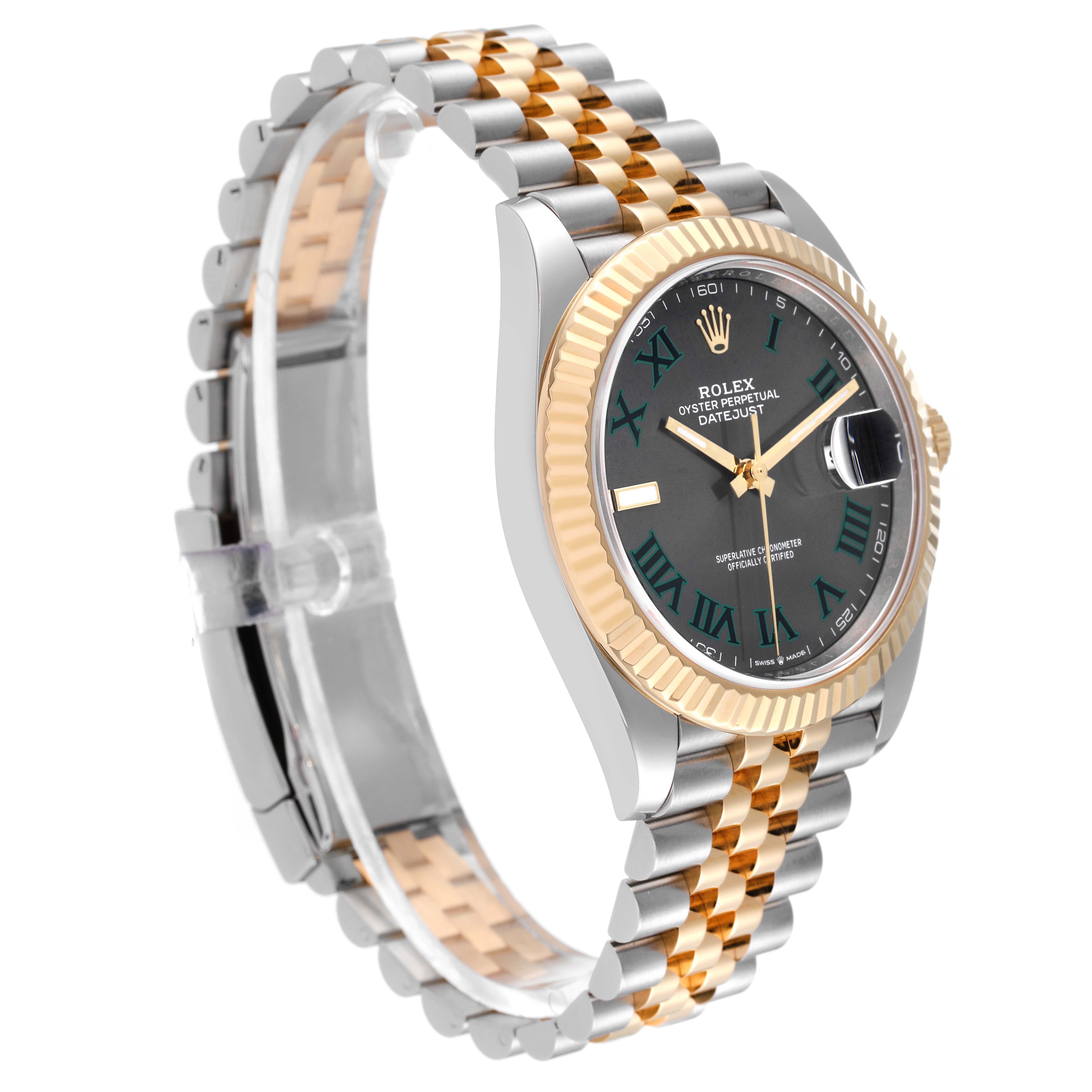 This image shows a Rolex Datejust 41 126333 Men's Steel and Gold (two tone) Grey Dial 126333 Men's Steel and Gold (two tone) Grey Dial watch at an angled side view, highlighting the dial, bezel, and bracelet.