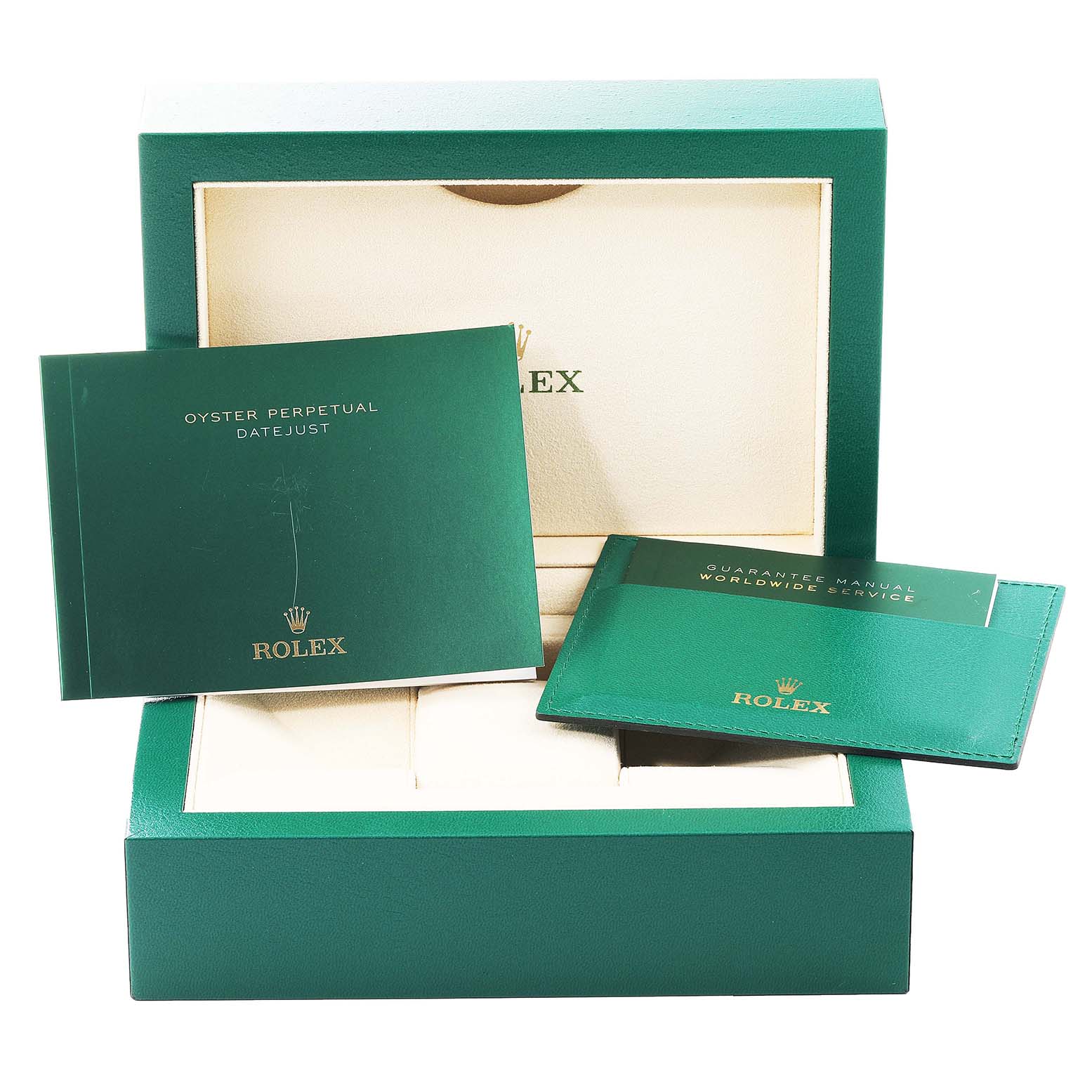 The image shows the packaging and manuals for the Rolex Datejust 41 126333 Men's Steel and Gold (two tone) Grey Dial 126333 Men's Steel and Gold (two tone) Grey Dial, including the green box, Oyster Perpetual Datejust booklet, and guarantee manual.