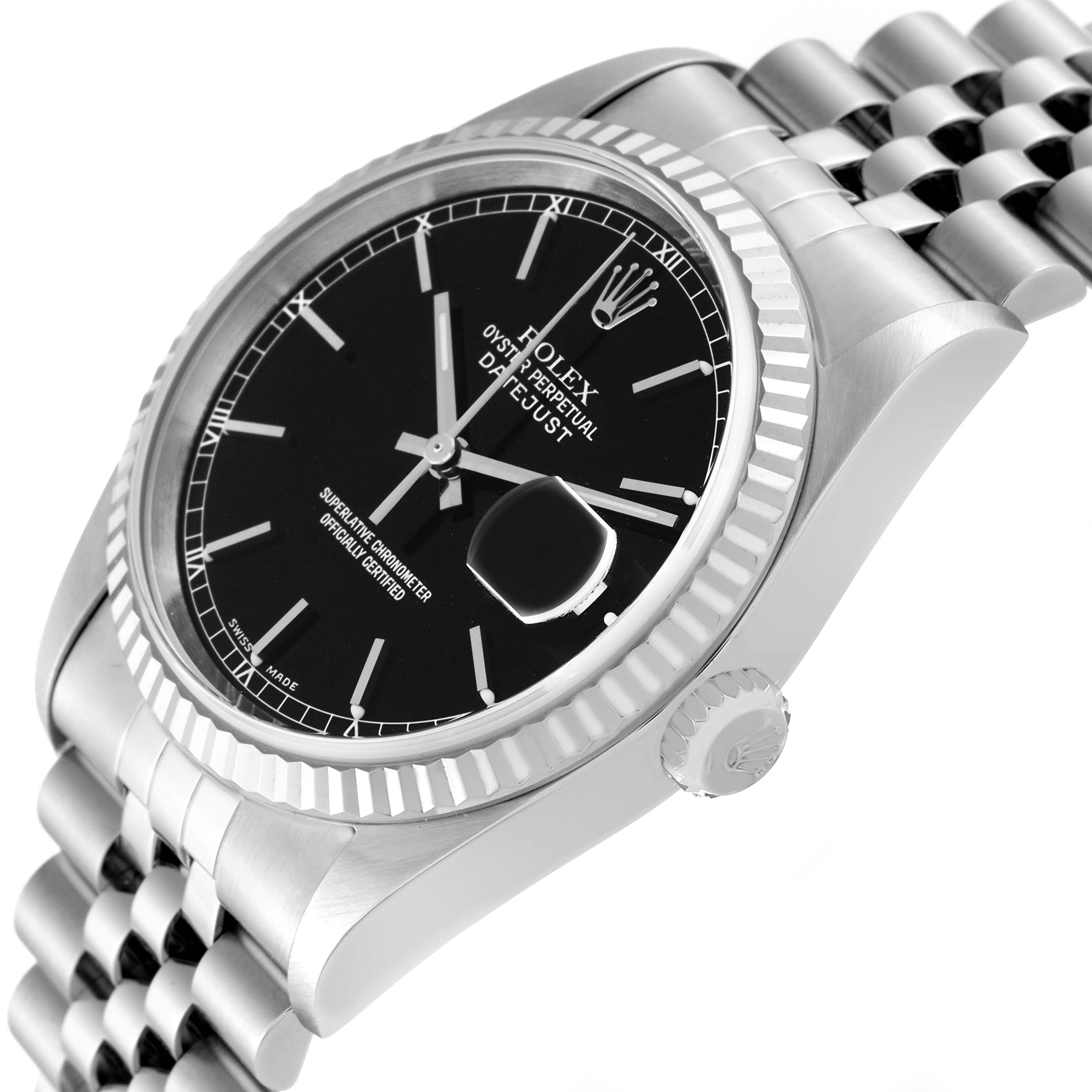 This image shows a side-angle view of a Rolex Datejust 16234 Men
s Stainless Steel Black Dial 16234 Men
s Stainless Steel Black Dial watch with a black dial and fluted bezel.