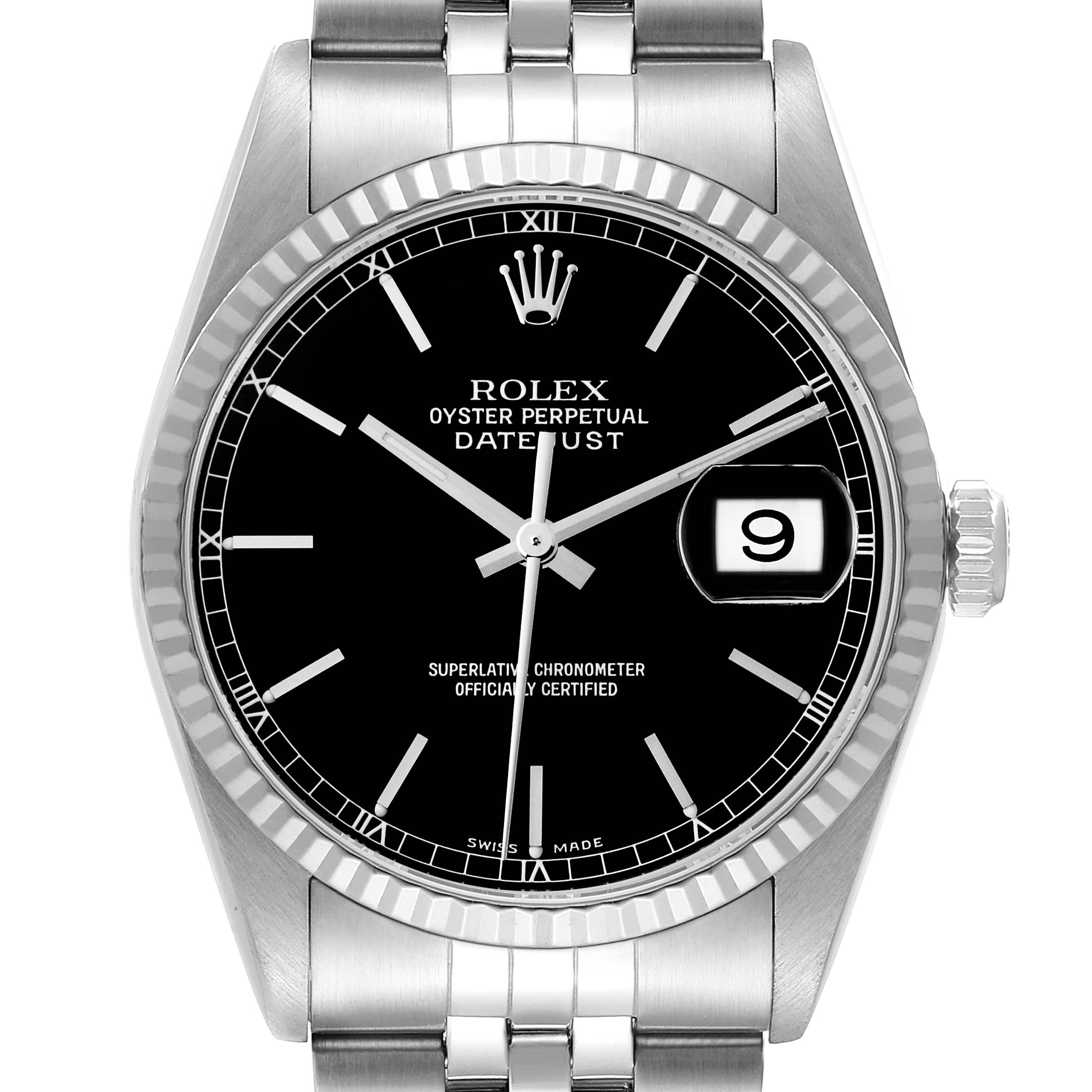 The image shows a front view of a Rolex Datejust 16234 Men
s Stainless Steel Black Dial 16234 Men
s Stainless Steel Black Dial watch, highlighting its black dial, date window, and part of the metal bracelet.