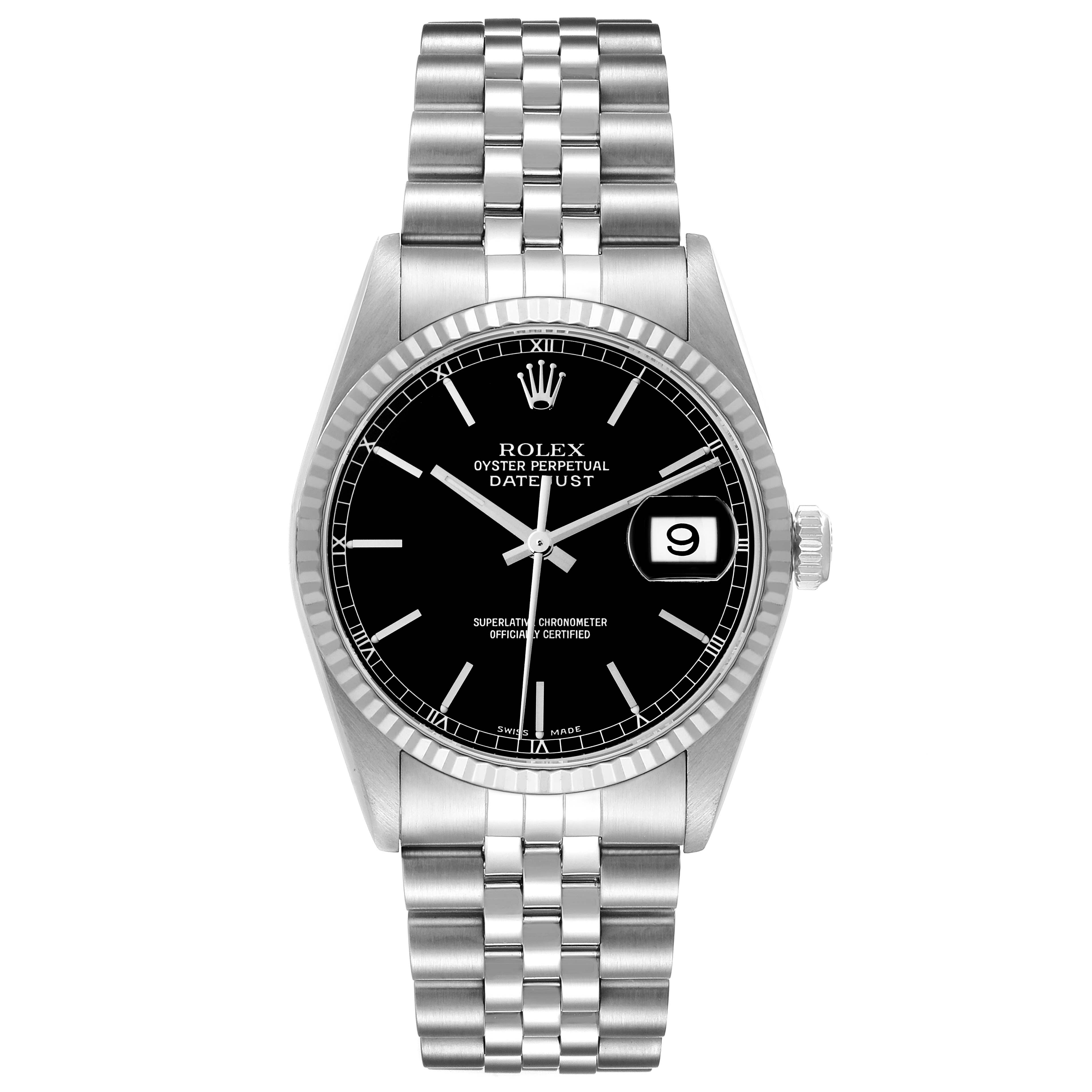 This is a front view of a Rolex Datejust 16234 Men
s Stainless Steel Black Dial 16234 Men
s Stainless Steel Black Dial watch showing the dial, bracelet, crown, and date display.