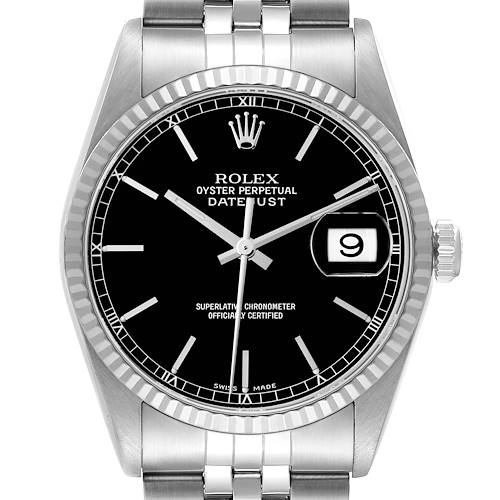 This is a front-facing view of a Rolex Datejust watch, featuring its face, bezel, crown, and part of the bracelet.