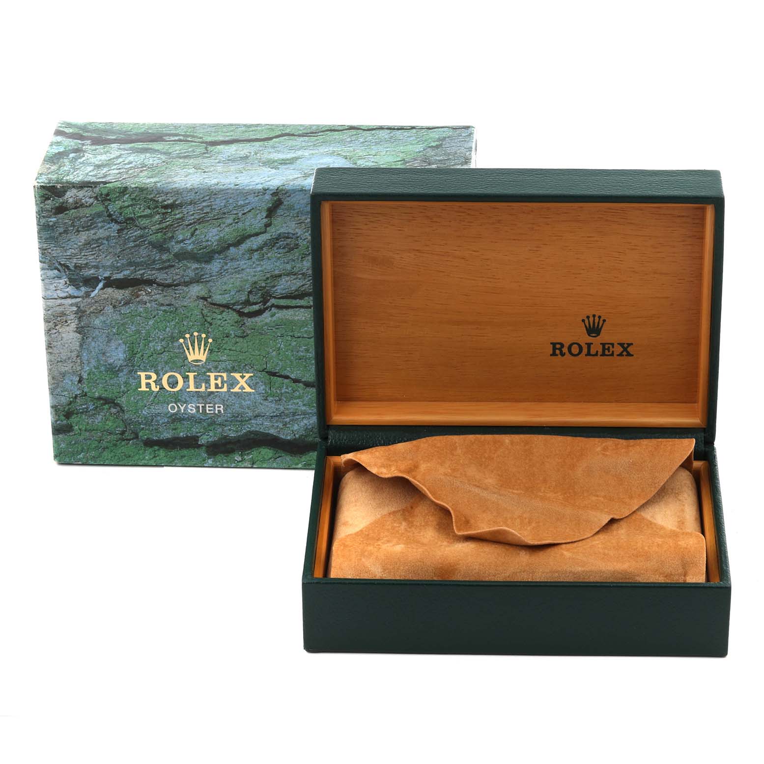 The image shows an open wooden and green box for a Rolex Datejust 16234 Men
s Stainless Steel Black Dial 16234 Men
s Stainless Steel Black Dial watch, with the watch itself covered by a suede cloth.