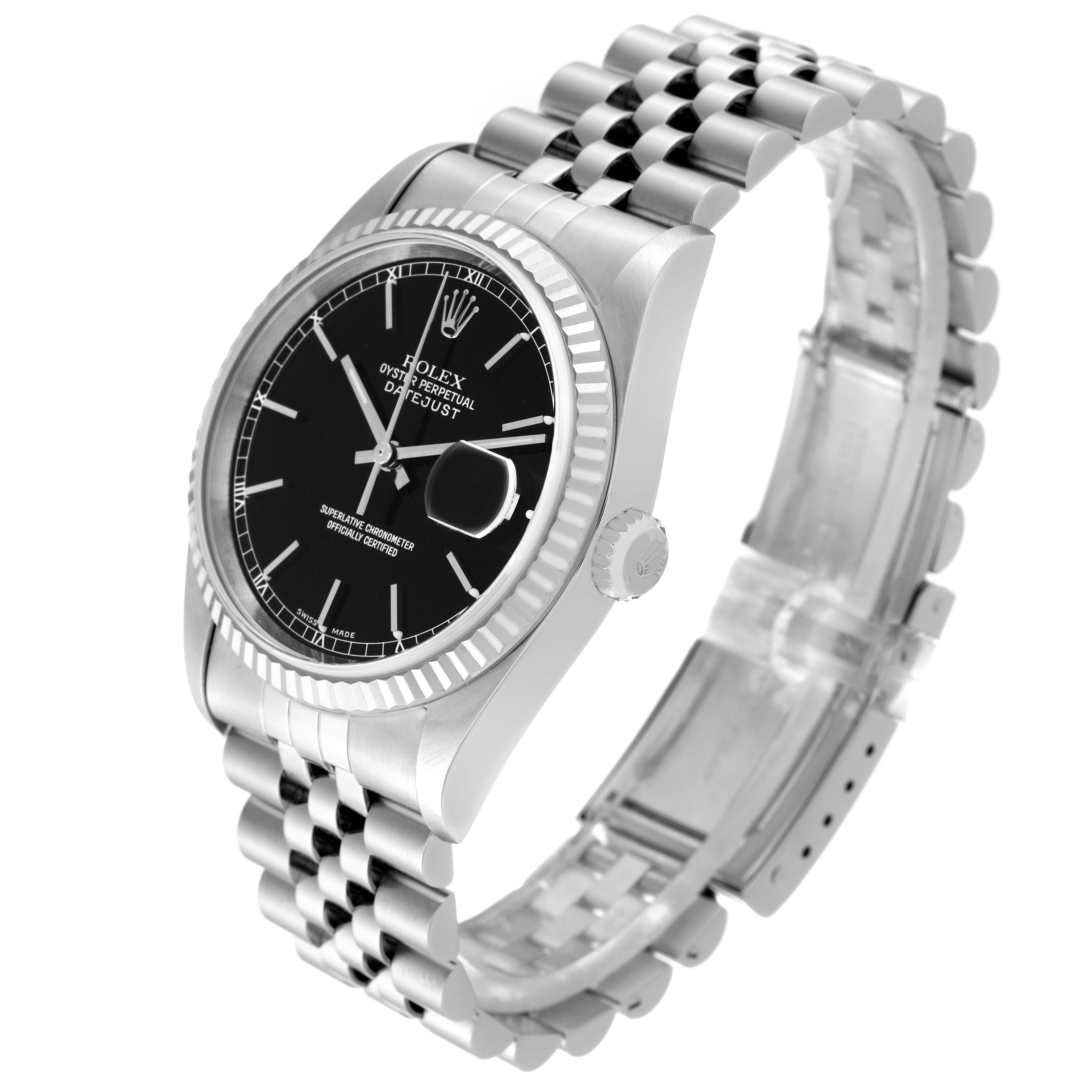 This image shows a Rolex Datejust 16234 Men
s Stainless Steel Black Dial 16234 Men
s Stainless Steel Black Dial watch angled from the top-right, highlighting the black dial, fluted bezel, crown, and partially opened jubilee bracelet.