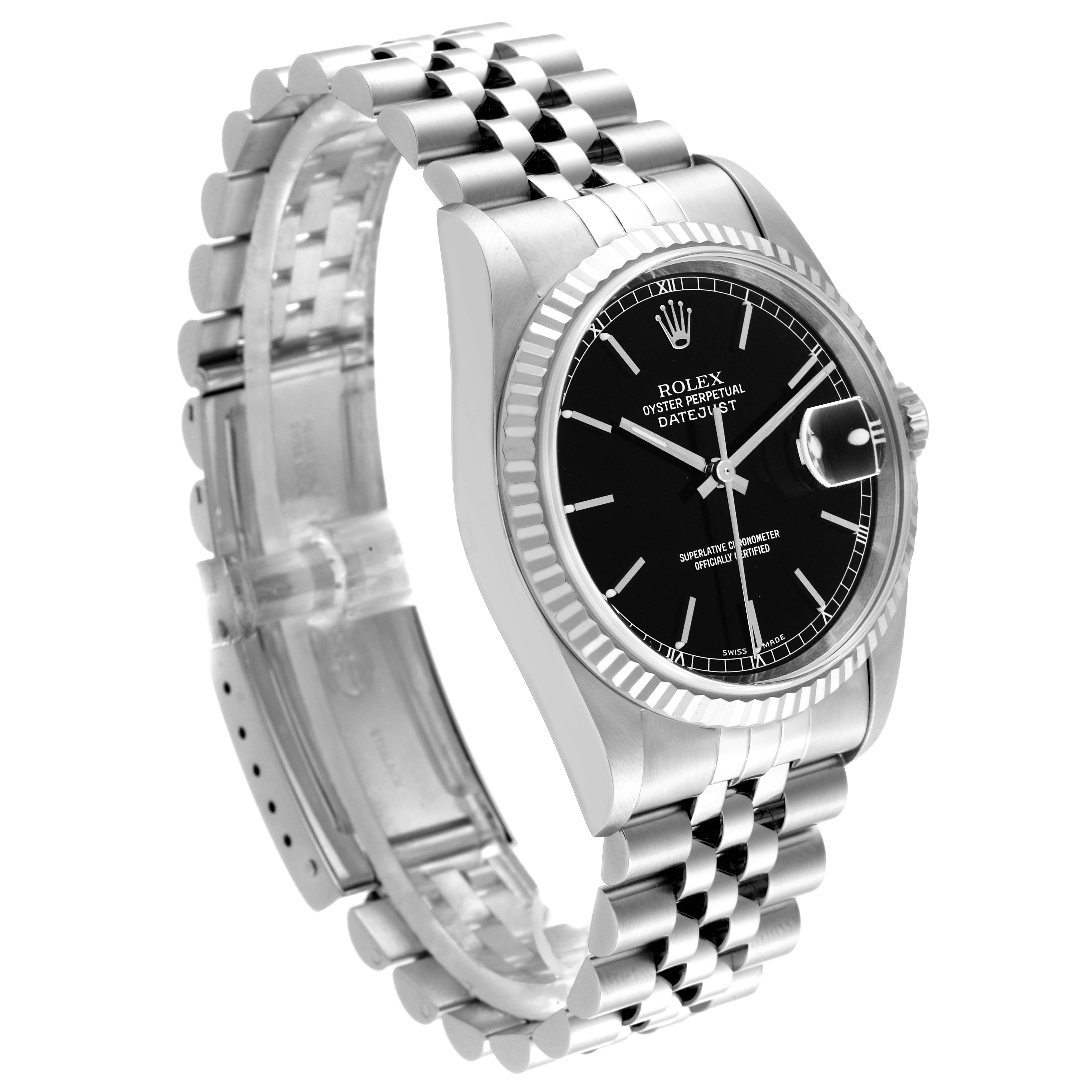 The image shows a side angle of a Rolex Datejust 16234 Men
s Stainless Steel Black Dial 16234 Men
s Stainless Steel Black Dial watch, displaying the dial, bezel, and partially open bracelet.