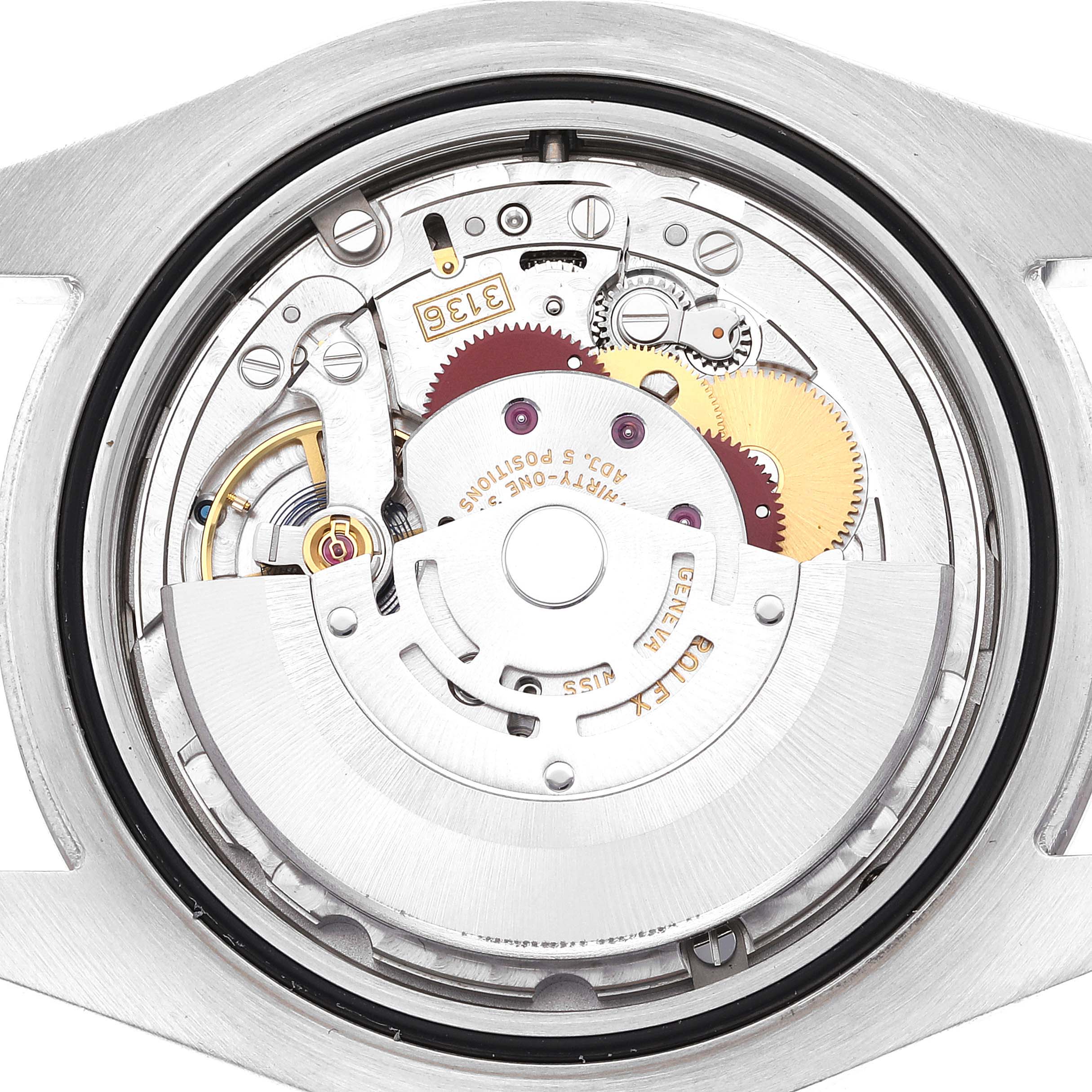 This is a view of the internal mechanism of the Rolex Datejust 41 116334 Men
s Stainless Steel Blue Dial 116334 Men
s Stainless Steel Blue Dial watch, showing its intricate gears and components.