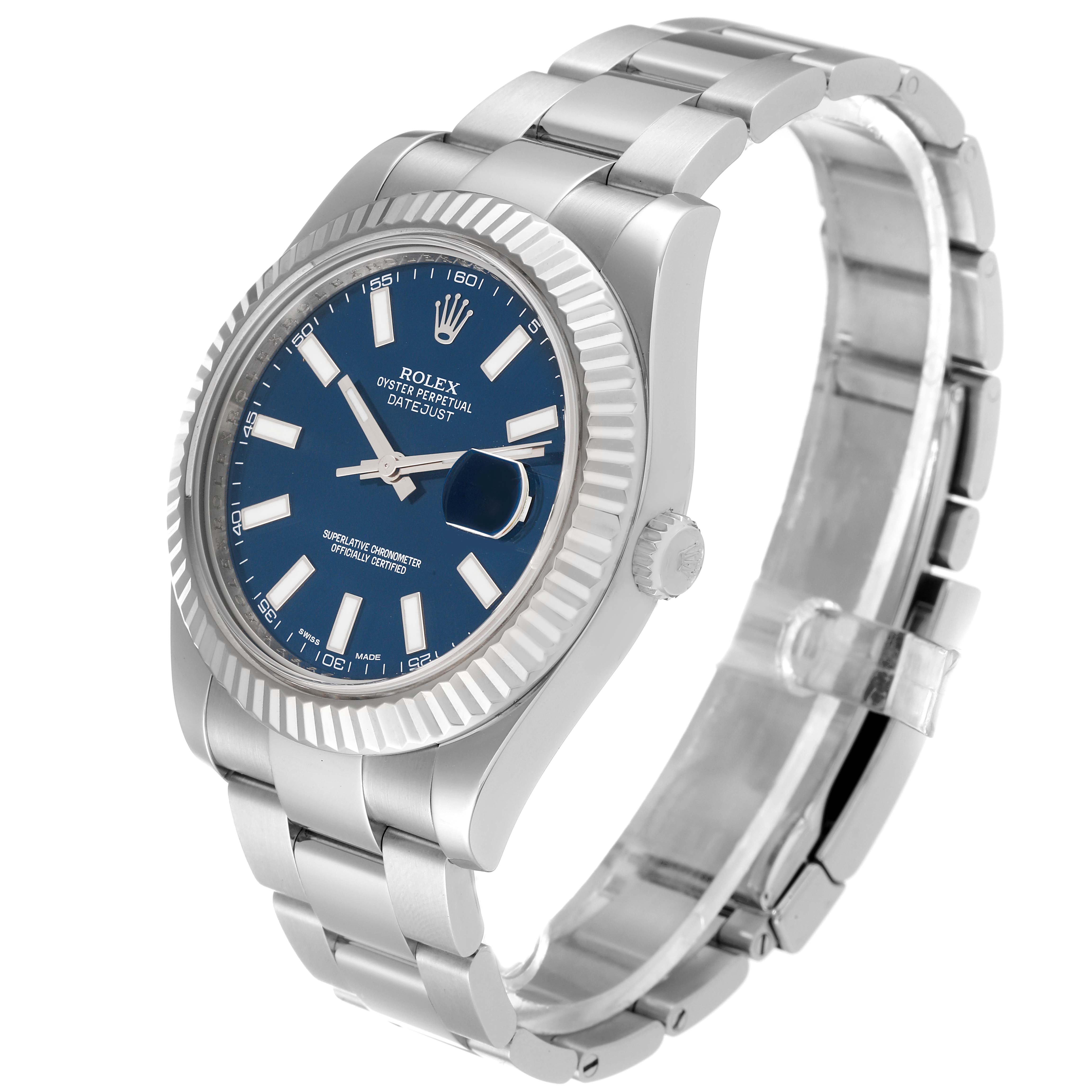 The watch, a Rolex Datejust 41 116334 Men
s Stainless Steel Blue Dial 116334 Men
s Stainless Steel Blue Dial model, is shown at a three-quarter angle highlighting the face, bezel, crown, and bracelet.
