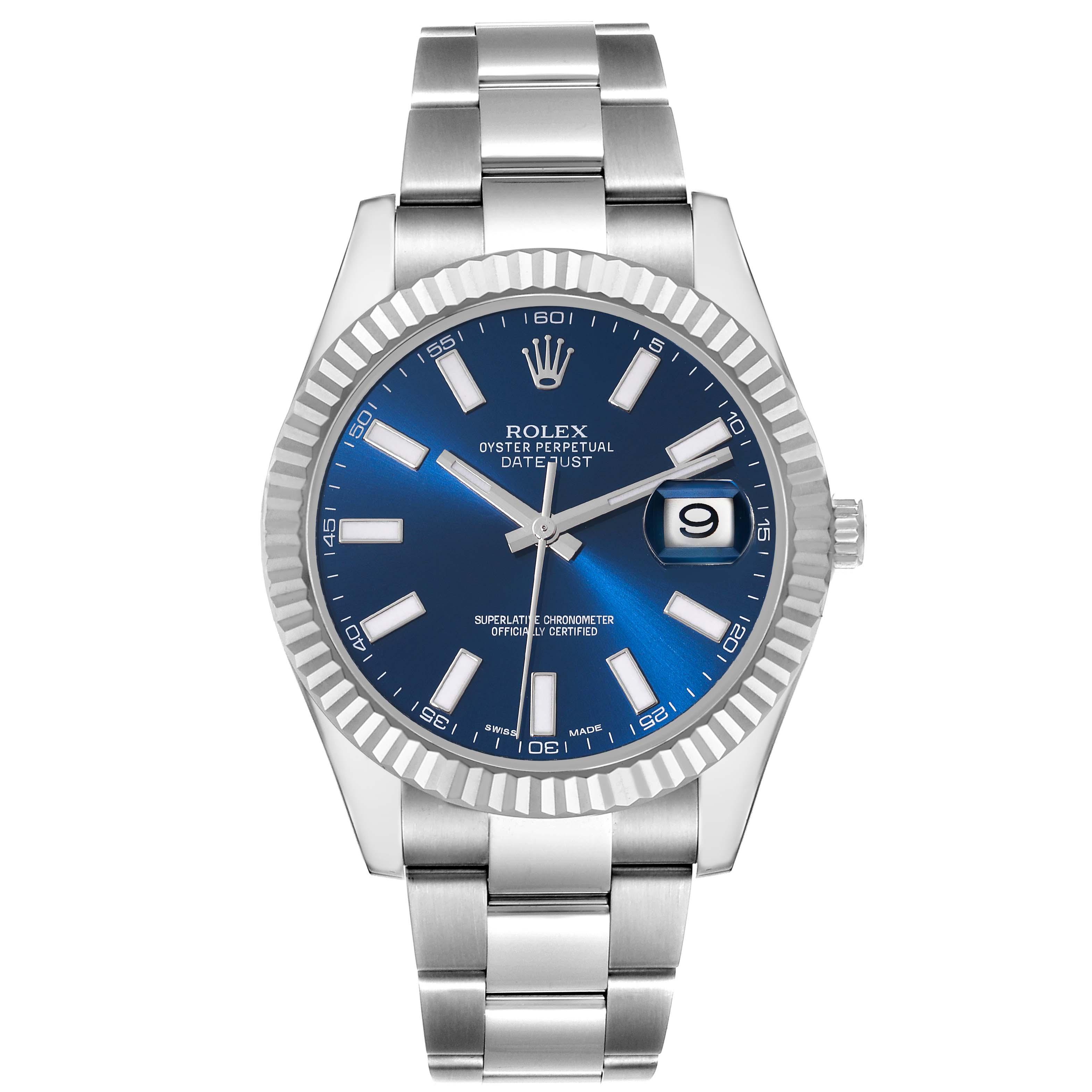 The image shows a front view of a Rolex Datejust 41 116334 Men
s Stainless Steel Blue Dial 116334 Men
s Stainless Steel Blue Dial watch, featuring a blue dial, fluted bezel, and stainless steel bracelet.