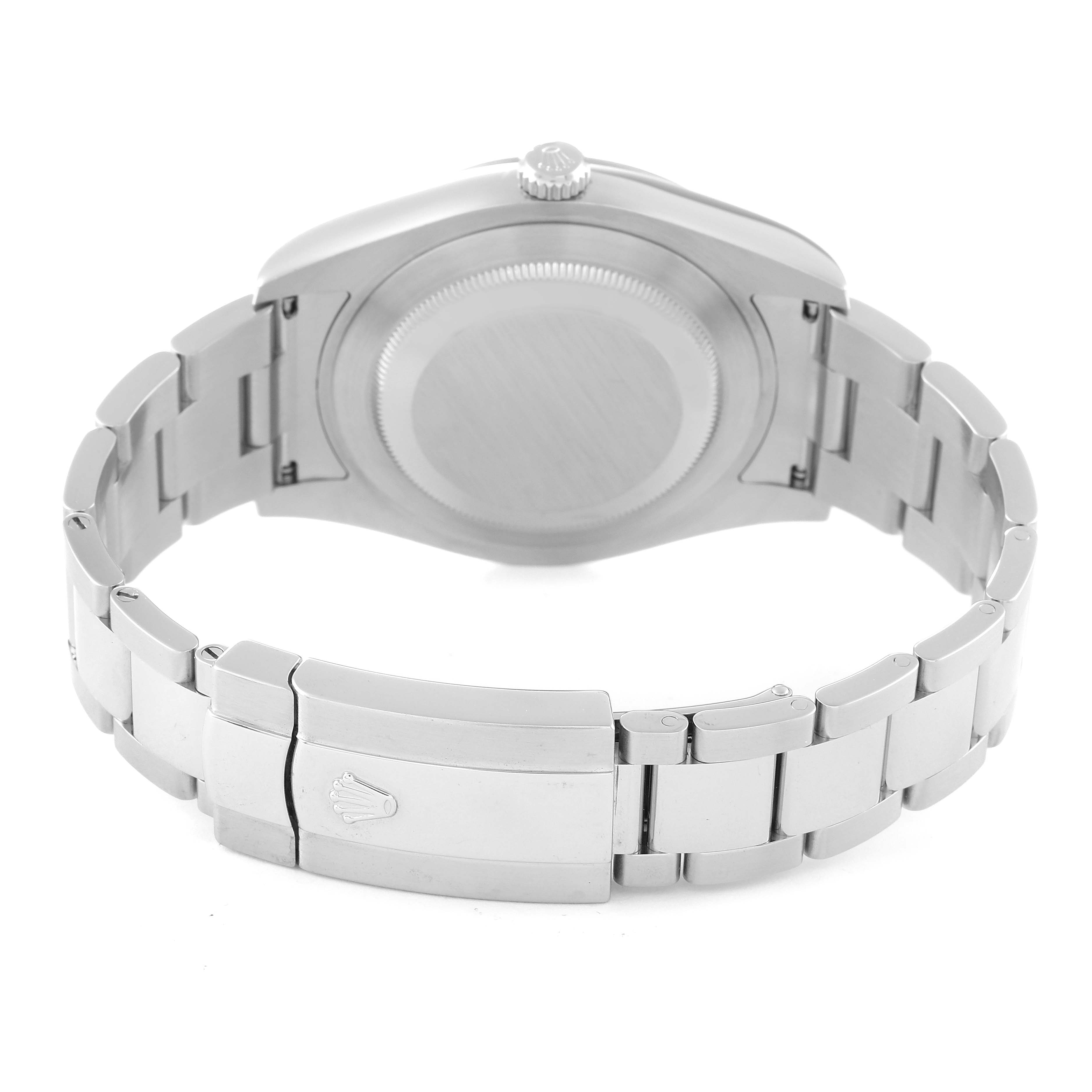 This image shows the back view of a Rolex Datejust 41 116334 Men
s Stainless Steel Blue Dial 116334 Men
s Stainless Steel Blue Dial, highlighting the closed clasp and metal bracelet.