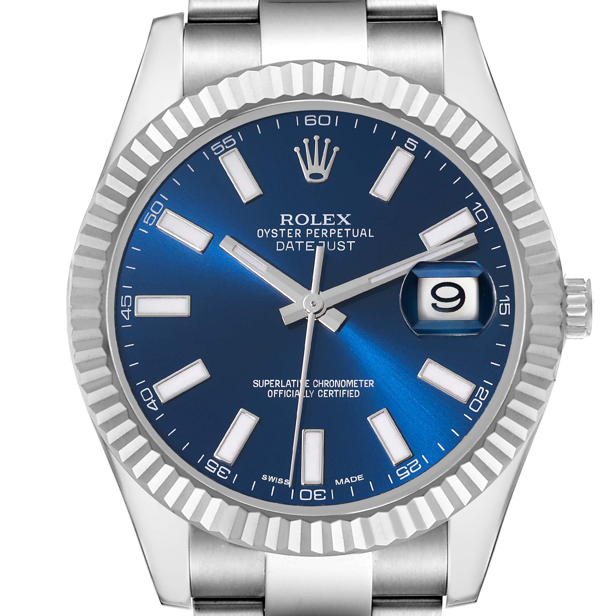 This image shows a front view of the Rolex Datejust 41 116334 Men
s Stainless Steel Blue Dial 116334 Men
s Stainless Steel Blue Dial watch, highlighting its blue dial and fluted bezel.