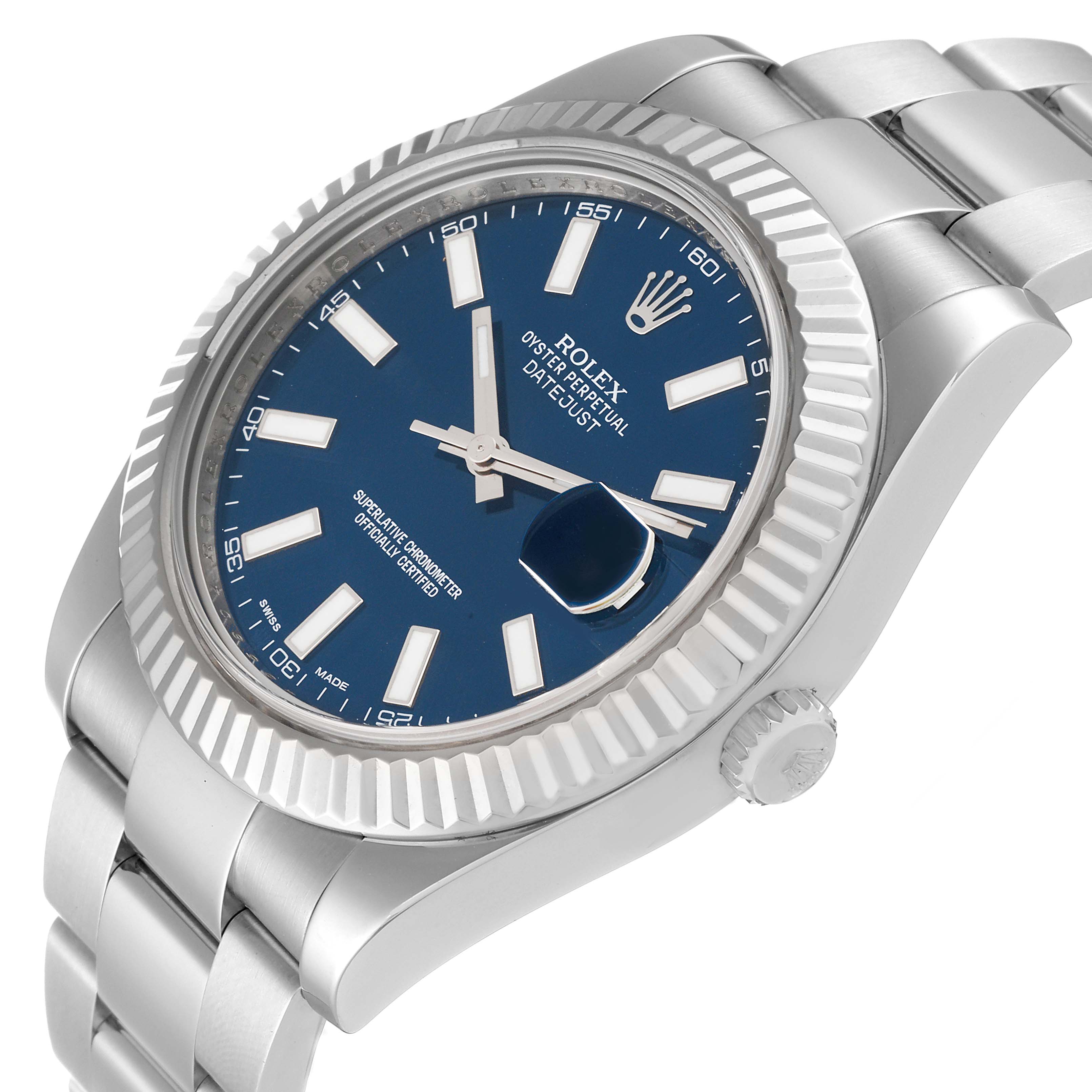 The image shows a Rolex Datejust 41 116334 Men
s Stainless Steel Blue Dial 116334 Men
s Stainless Steel Blue Dial watch at a slight angle, highlighting the blue dial, fluted bezel, and part of the bracelet.