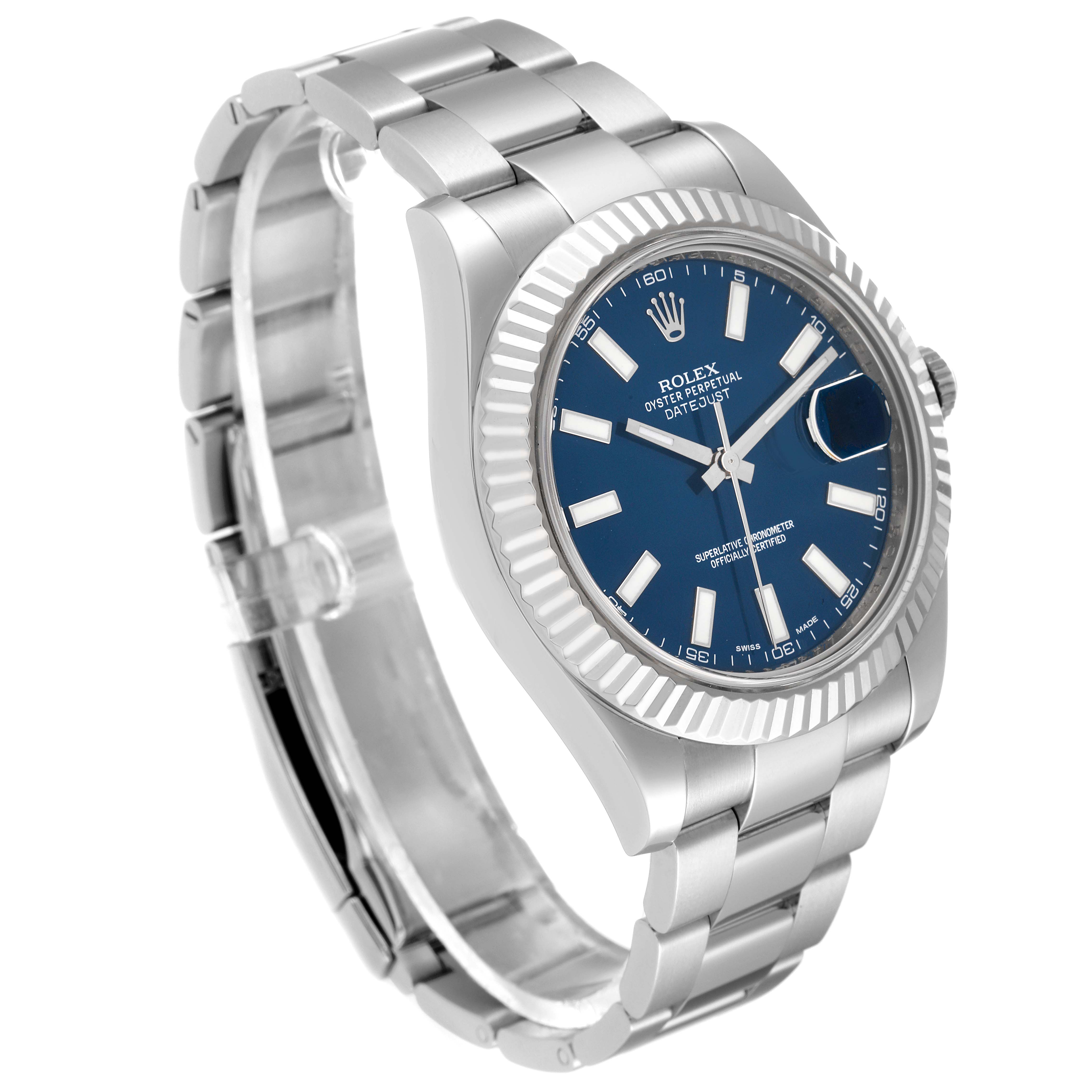 The Rolex Datejust 41 116334 Men
s Stainless Steel Blue Dial 116334 Men
s Stainless Steel Blue Dial watch is shown at an angled side view, highlighting the blue dial, fluted bezel, and stainless steel bracelet.