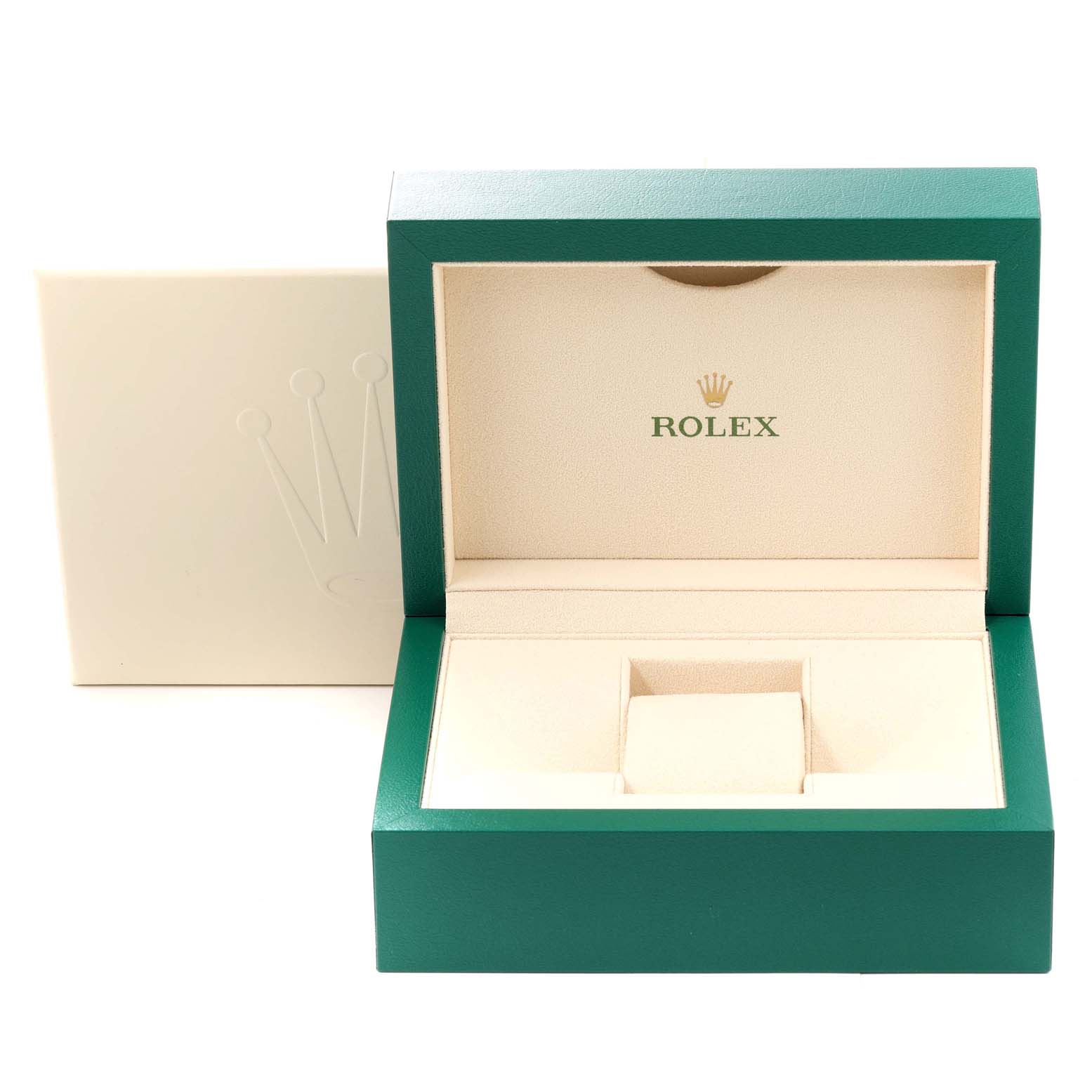 This image shows an open Rolex Datejust 41 116334 Men
s Stainless Steel Blue Dial 116334 Men
s Stainless Steel Blue Dial watch box with green exterior and beige interior.