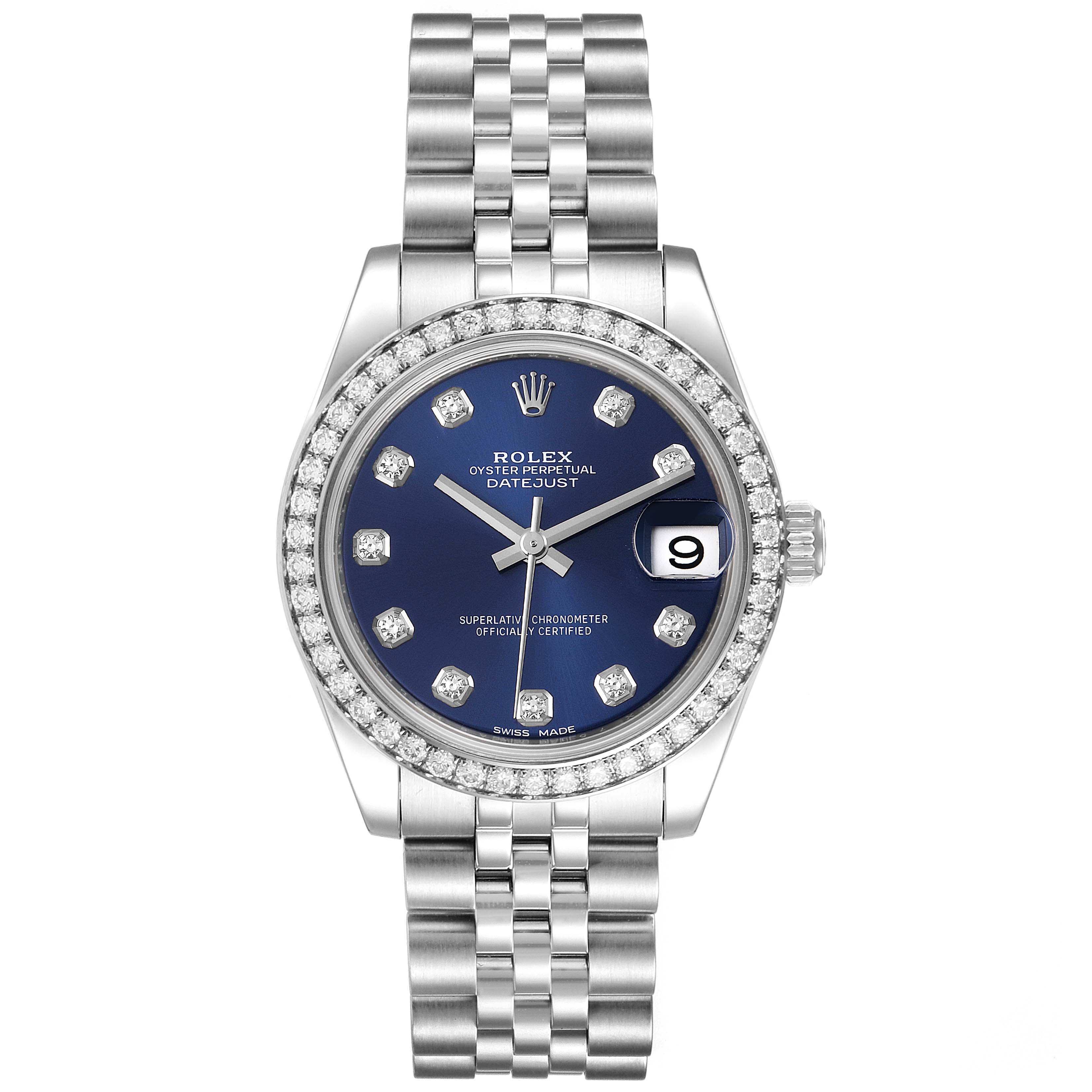 The image shows a front view of a Rolex Oyster Perpetual Datejust Mid-Size watch with a blue dial and diamond hour markers.
