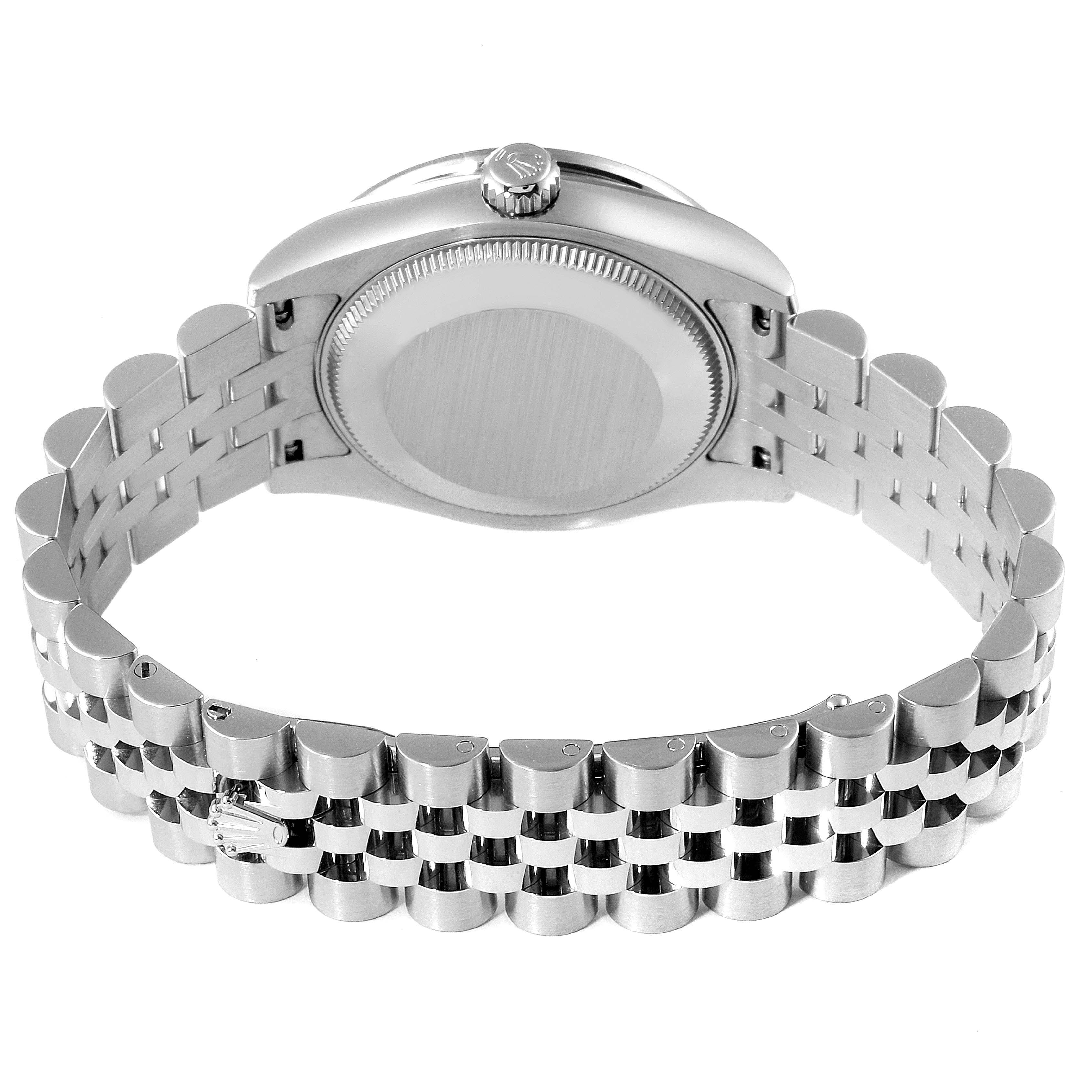 This image of a Rolex Mid-Size 178384 Women's Stainless Steel Blue Dial 178384 Women's Stainless Steel Blue Dial model watch shows the back case and metal bracelet from a rear angle.