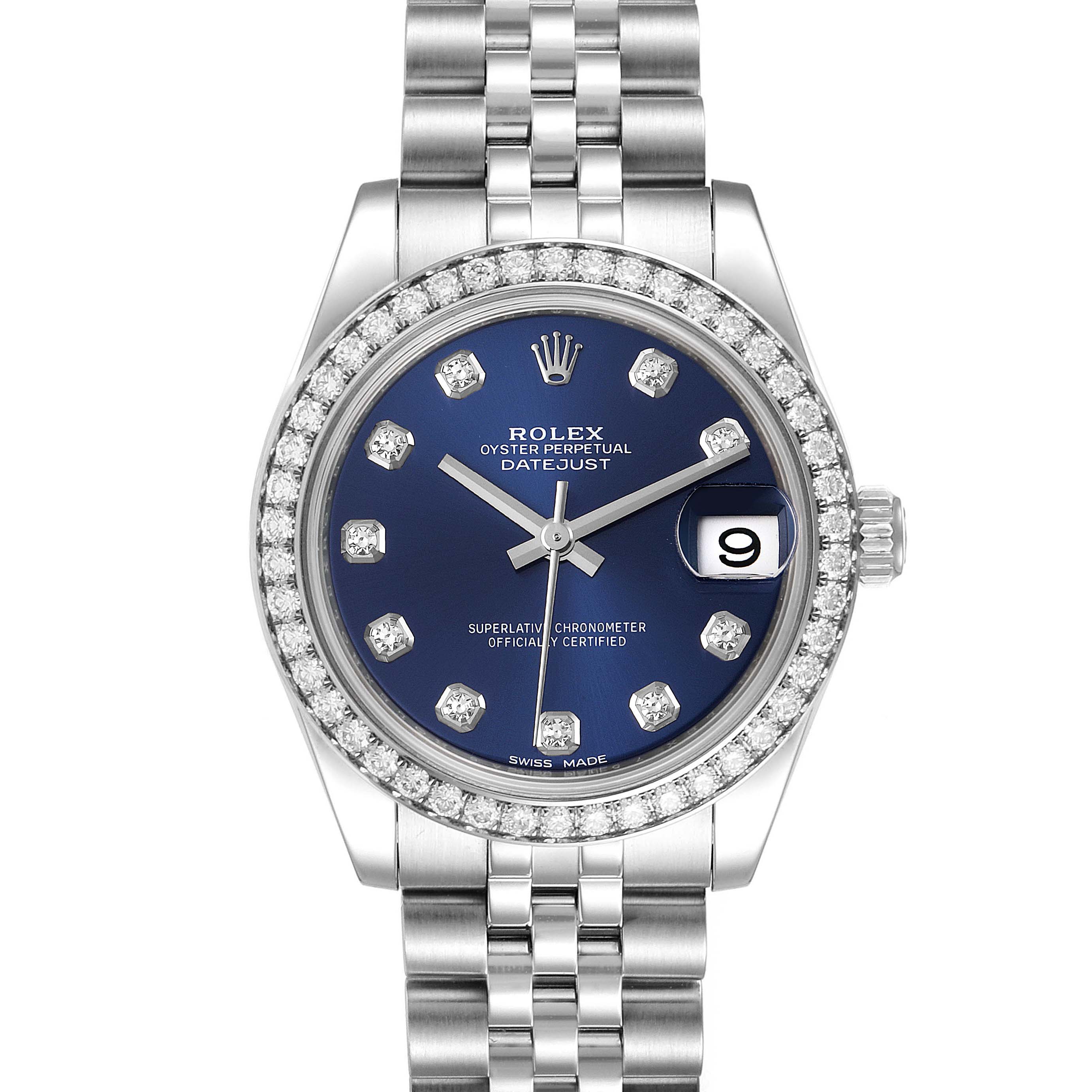 This image shows a frontal view of the Rolex Mid-Size 178384 Women's Stainless Steel Blue Dial 178384 Women's Stainless Steel Blue Dial Oyster Perpetual Datejust watch, highlighting its dial, bezel, and bracelet.