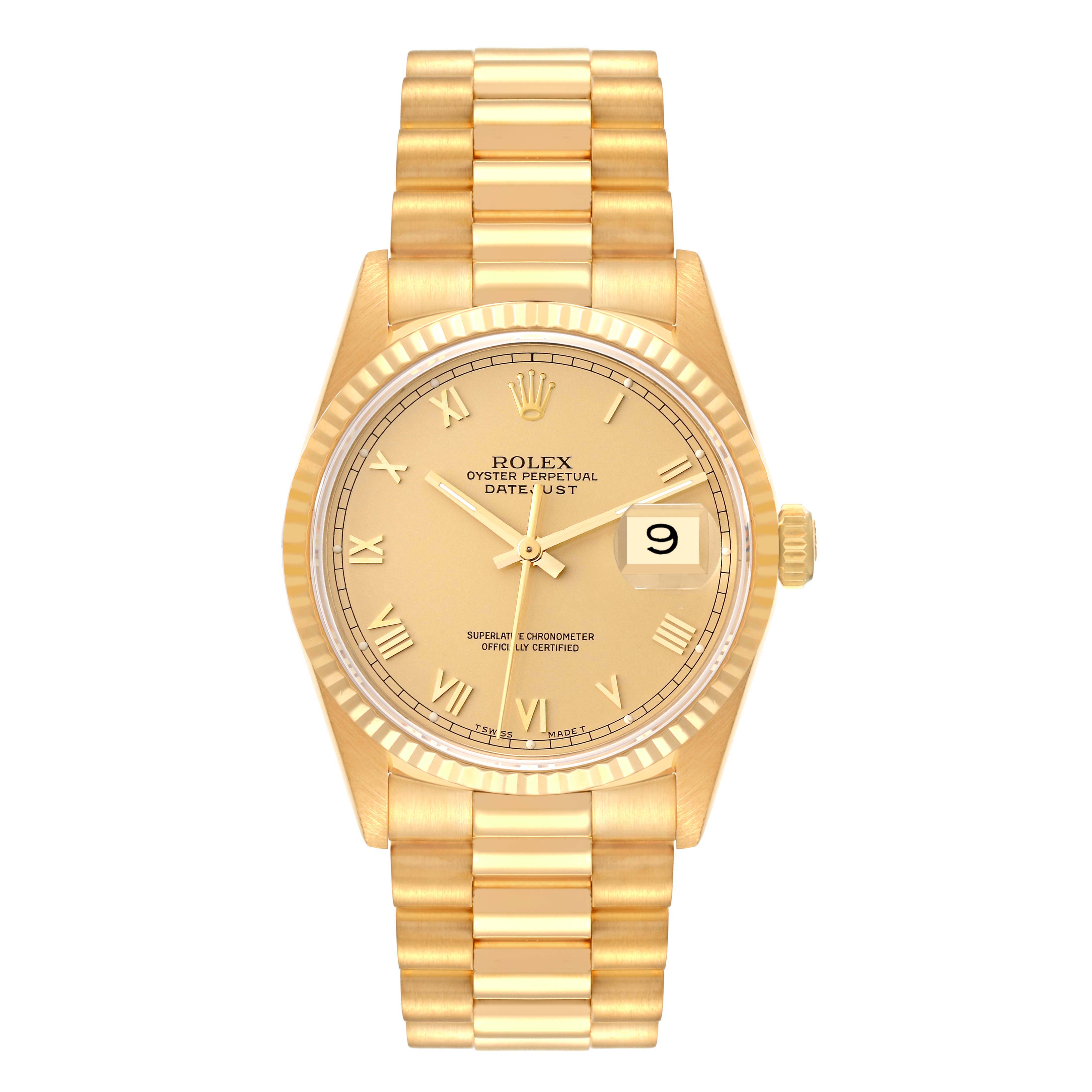 The image shows a front view of a Rolex President 16238 Men
s Yellow Gold Champagne Dial 16238 Men
s Yellow Gold Champagne Dial model watch, displaying the dial, hour markers, hands, date window, and bracelet.