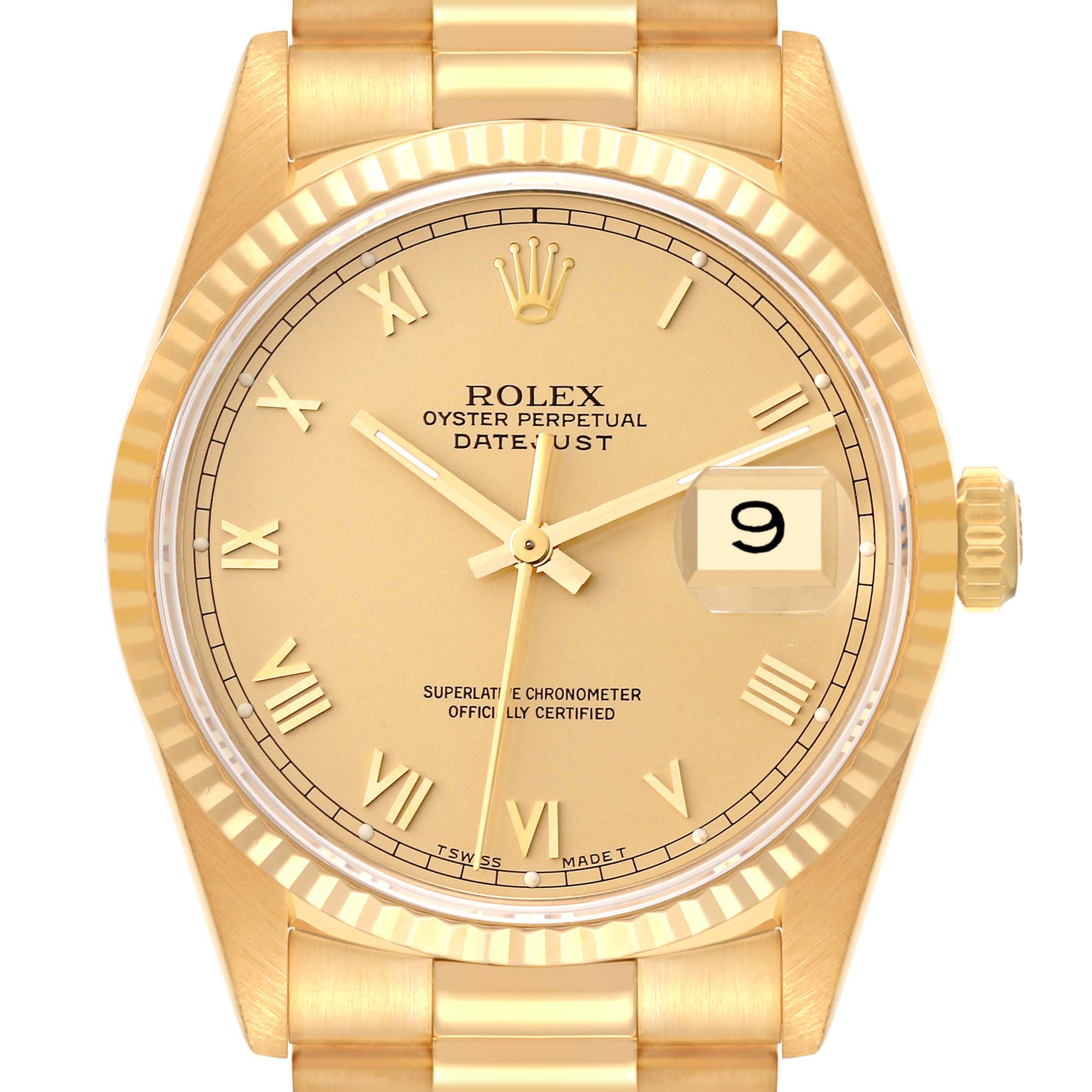 This image shows a Rolex President 16238 Men
s Yellow Gold Champagne Dial 16238 Men
s Yellow Gold Champagne Dial model watch from a front view, including the dial, hands, date window, and part of the bracelet.