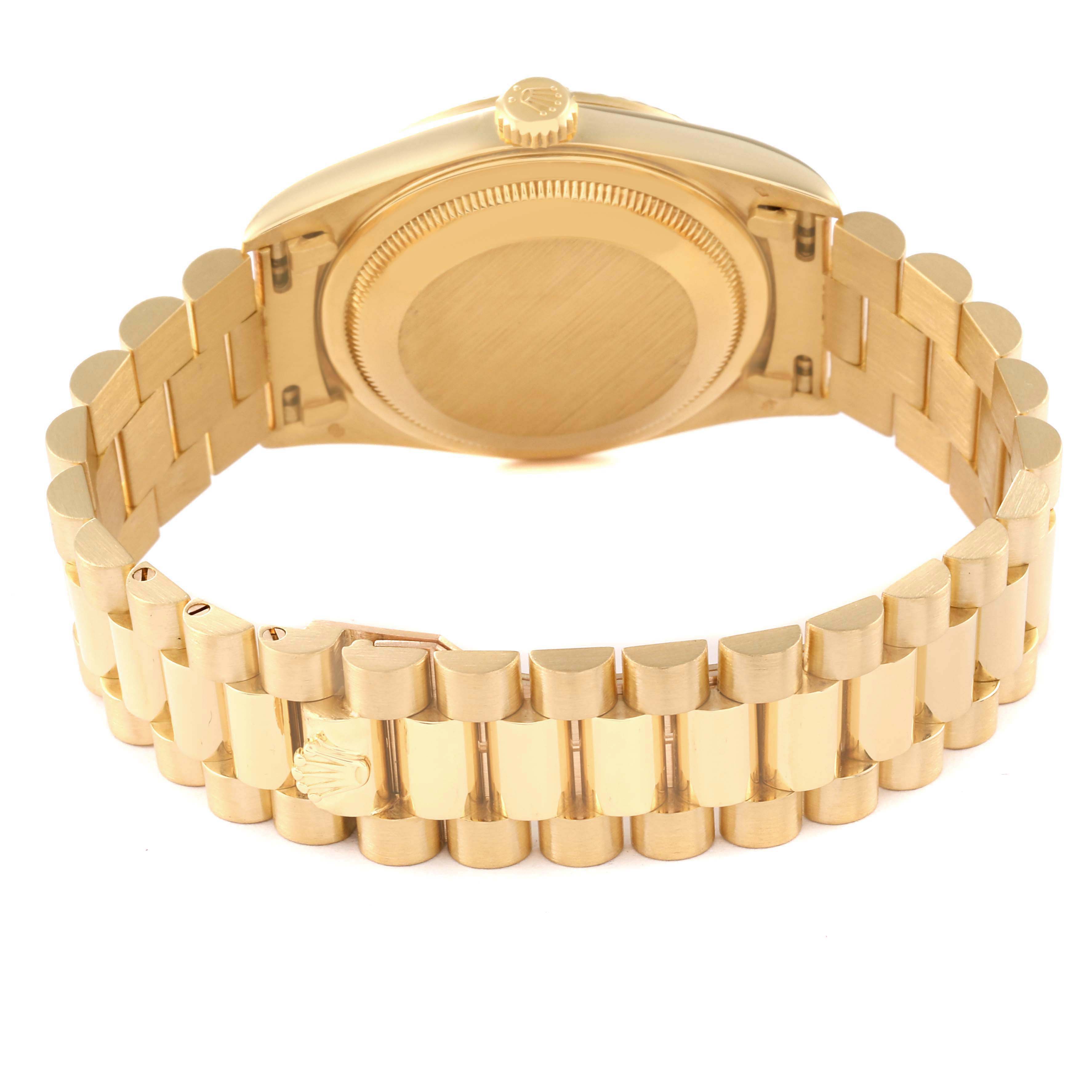 The image shows the back case and bracelet of a Rolex President 16238 Men
s Yellow Gold Champagne Dial 16238 Men
s Yellow Gold Champagne Dial model watch from a rear angle.