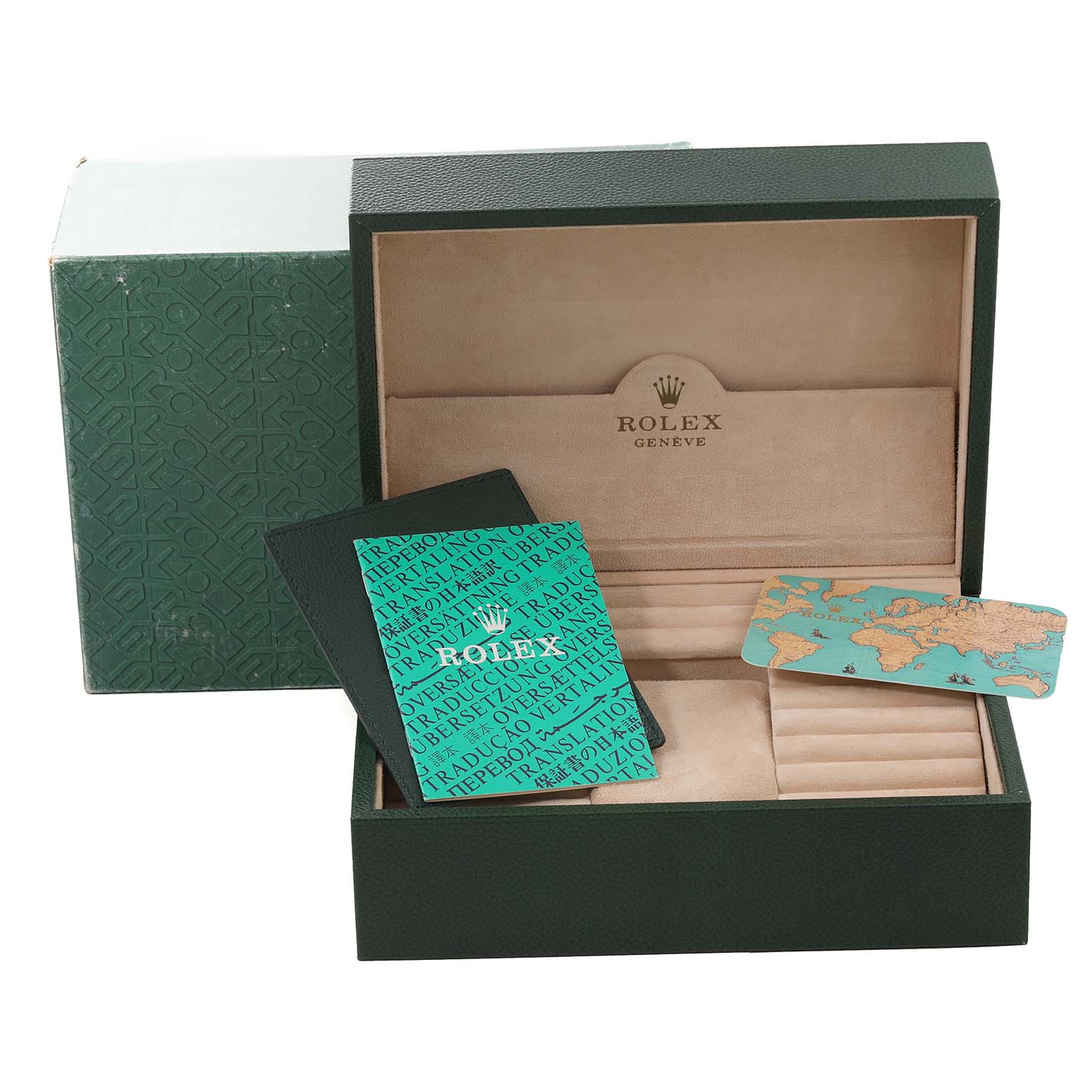 The image shows a Rolex President 16238 Men
s Yellow Gold Champagne Dial 16238 Men
s Yellow Gold Champagne Dial model watch box and accessories, including a booklet and a warranty card.