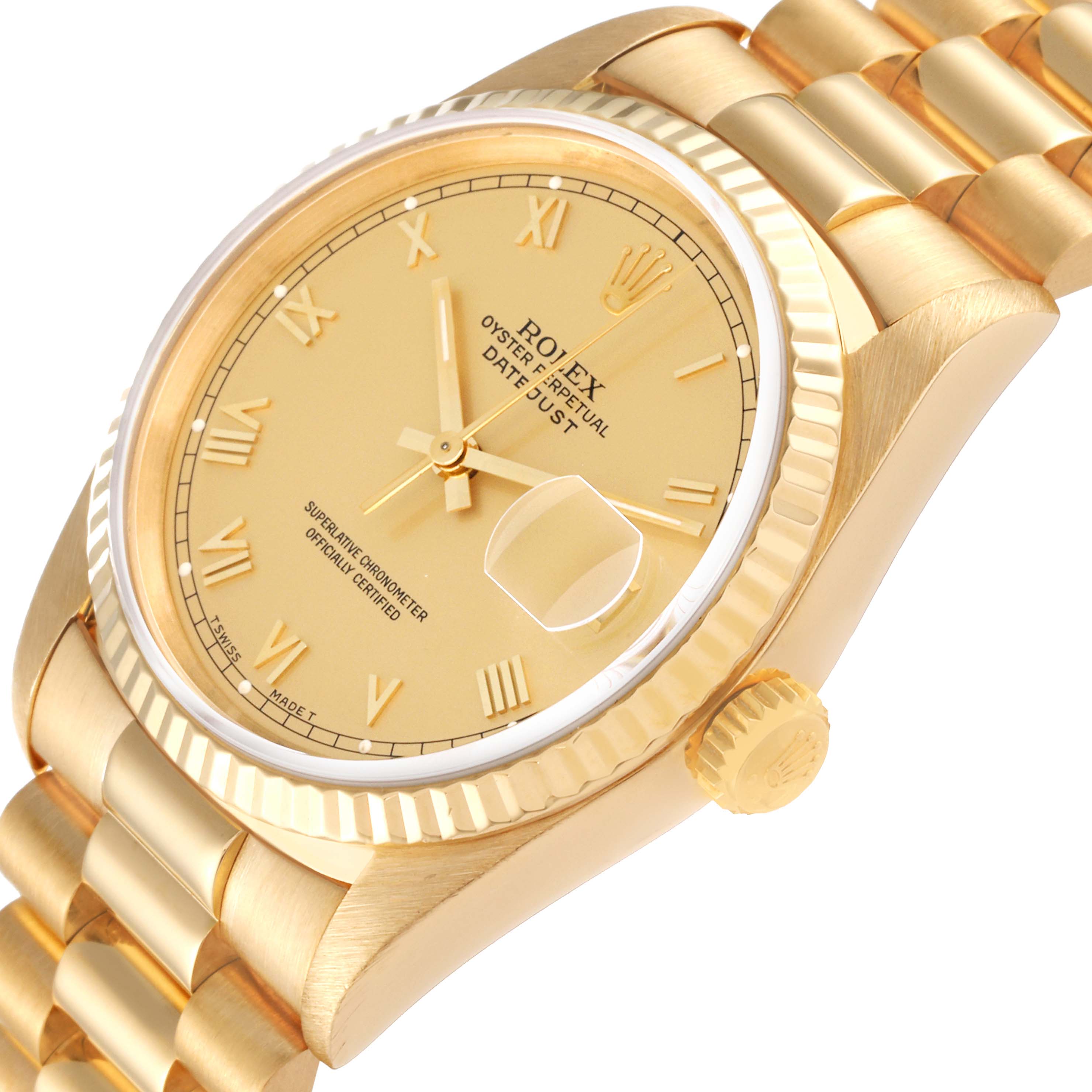 The image shows a Rolex President 16238 Men
s Yellow Gold Champagne Dial 16238 Men
s Yellow Gold Champagne Dial model watch at an angle, highlighting the dial, bezel, crown, and bracelet.