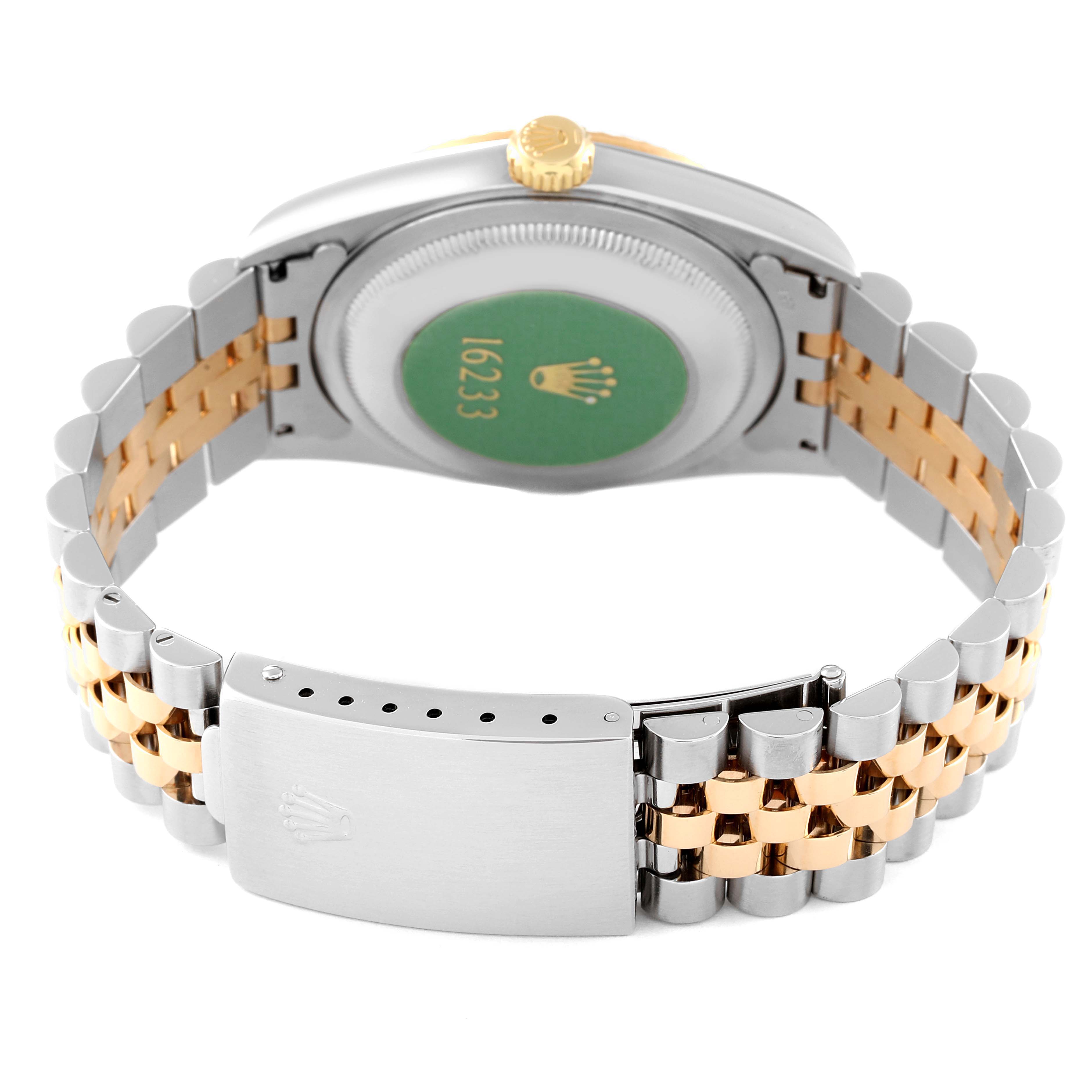 The image shows the back of a Rolex Datejust 16233 Men's Steel and Gold (two tone) White Dial 16233 Men's Steel and Gold (two tone) White Dial watch, highlighting its clasp, two-tone bracelet, and case back.