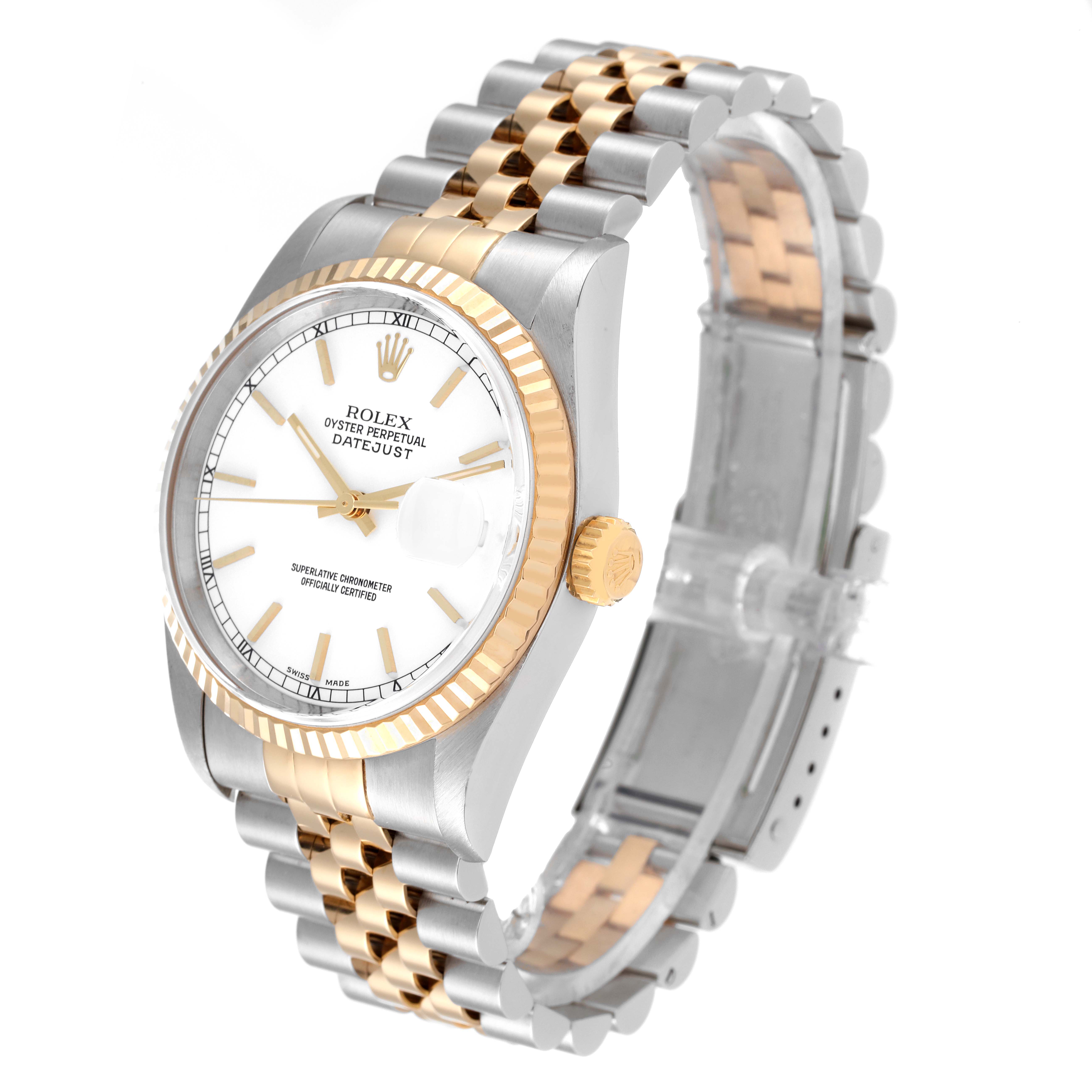 The image shows a side angle of a Rolex Datejust 16233 Men's Steel and Gold (two tone) White Dial 16233 Men's Steel and Gold (two tone) White Dial watch, highlighting the dial, bezel, crown, and jubilee bracelet.