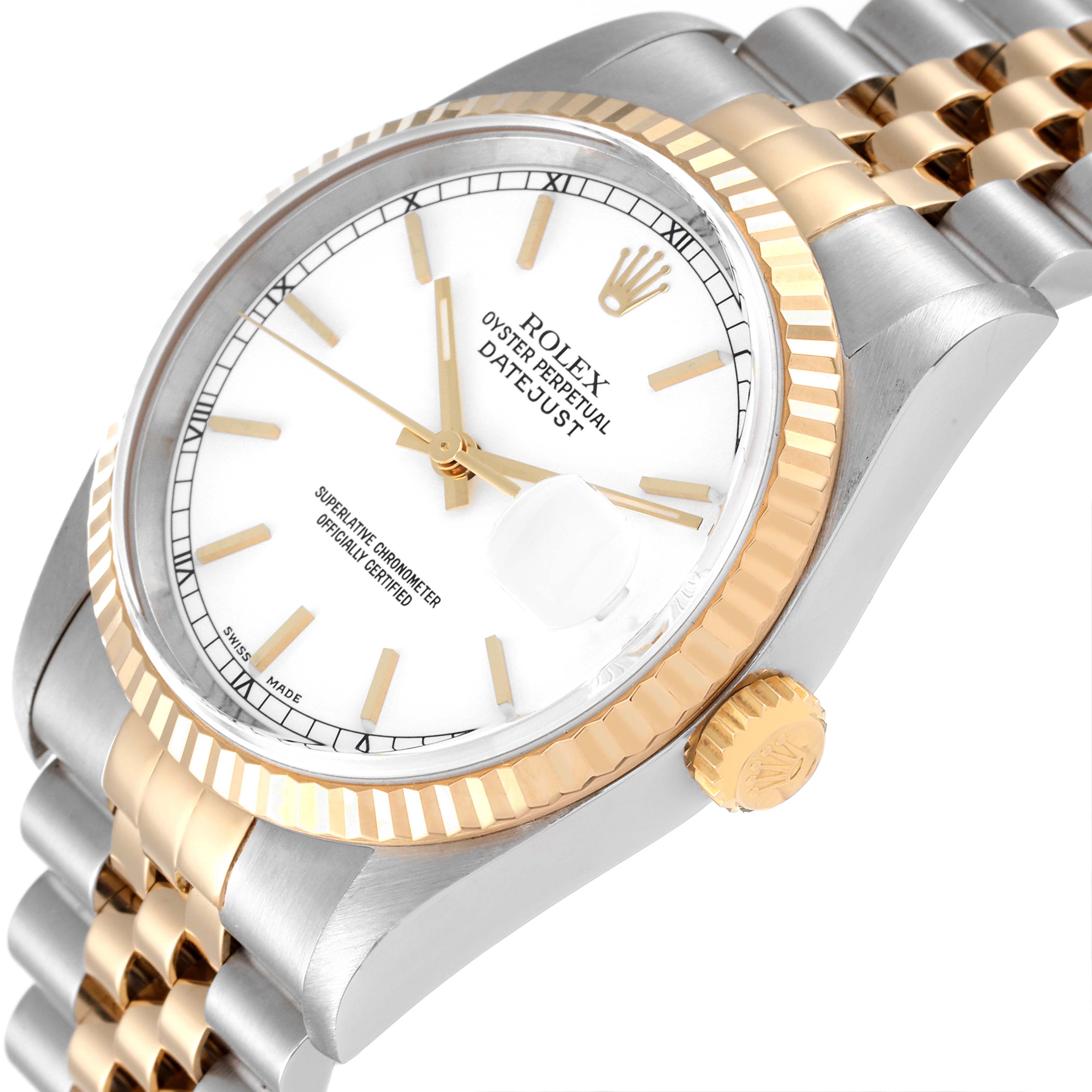 This image shows a side angle of a Rolex Datejust 16233 Men's Steel and Gold (two tone) White Dial 16233 Men's Steel and Gold (two tone) White Dial watch, highlighting its bezel, dial, crown, and part of the bracelet.