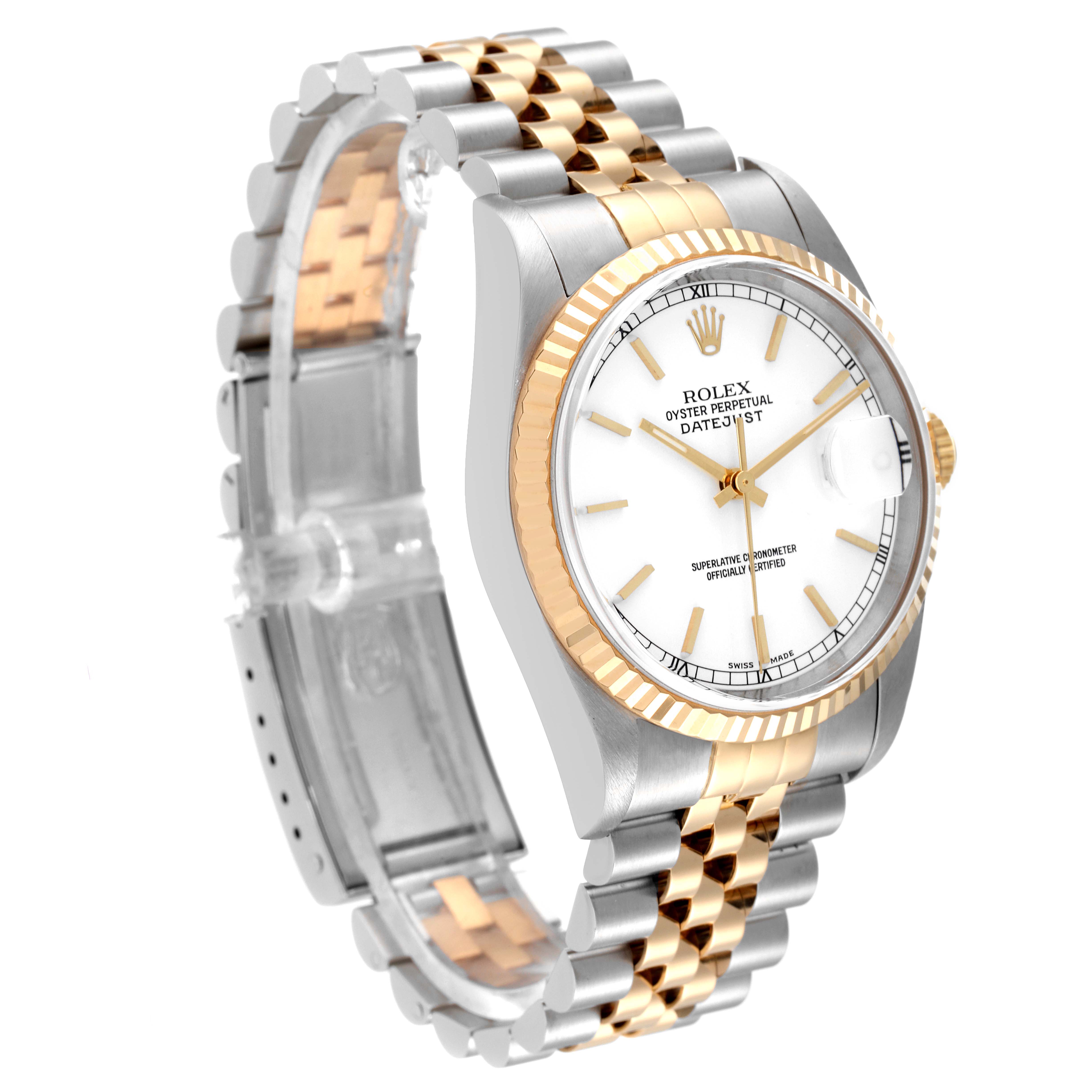 The Rolex Datejust 16233 Men's Steel and Gold (two tone) White Dial 16233 Men's Steel and Gold (two tone) White Dial is shown at a 3/4 angle, displaying the face, fluted bezel, and the two-tone bracelet.