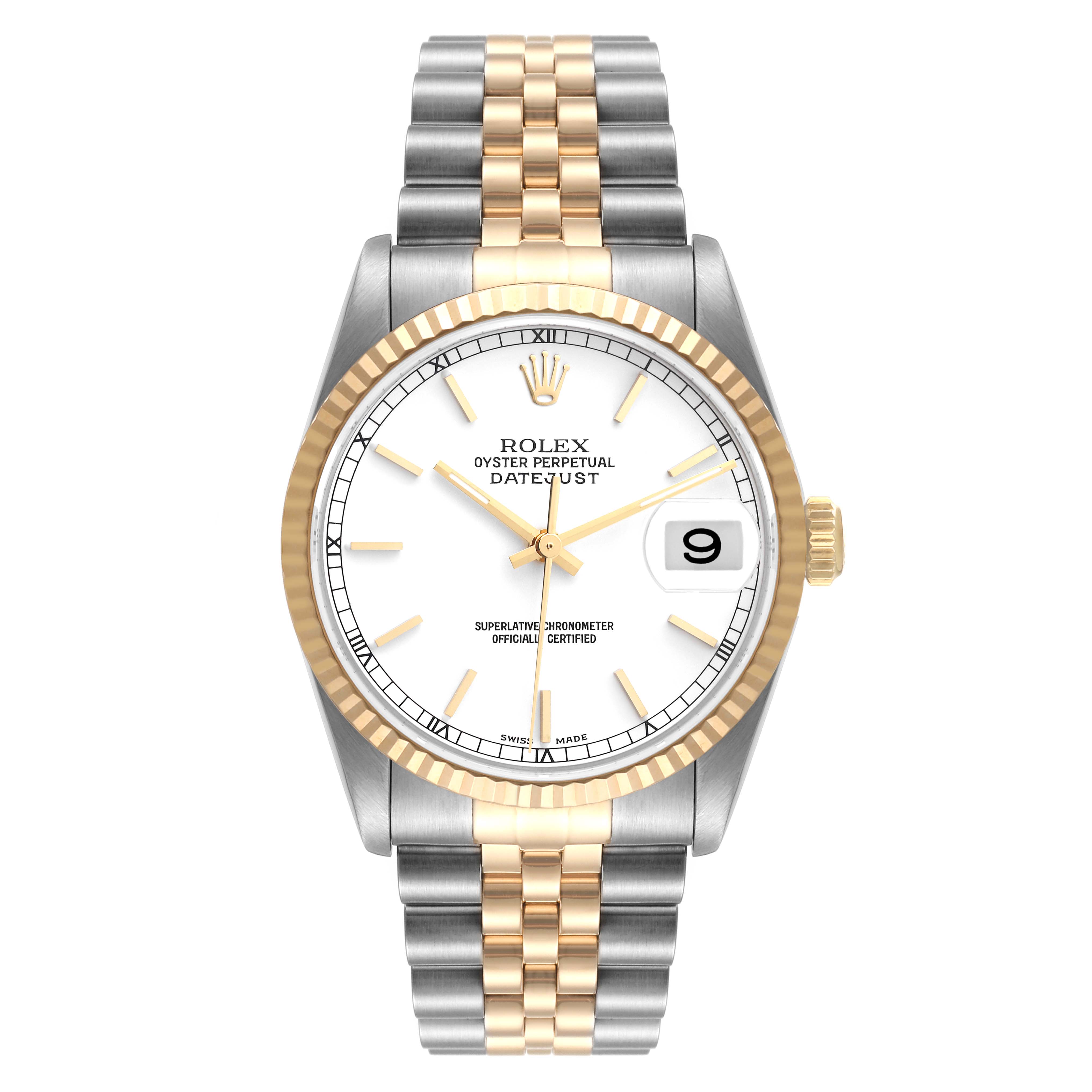 The Rolex Datejust 16233 Men's Steel and Gold (two tone) White Dial 16233 Men's Steel and Gold (two tone) White Dial watch is shown from a top-down angle, highlighting the face, bezel, and bracelet.