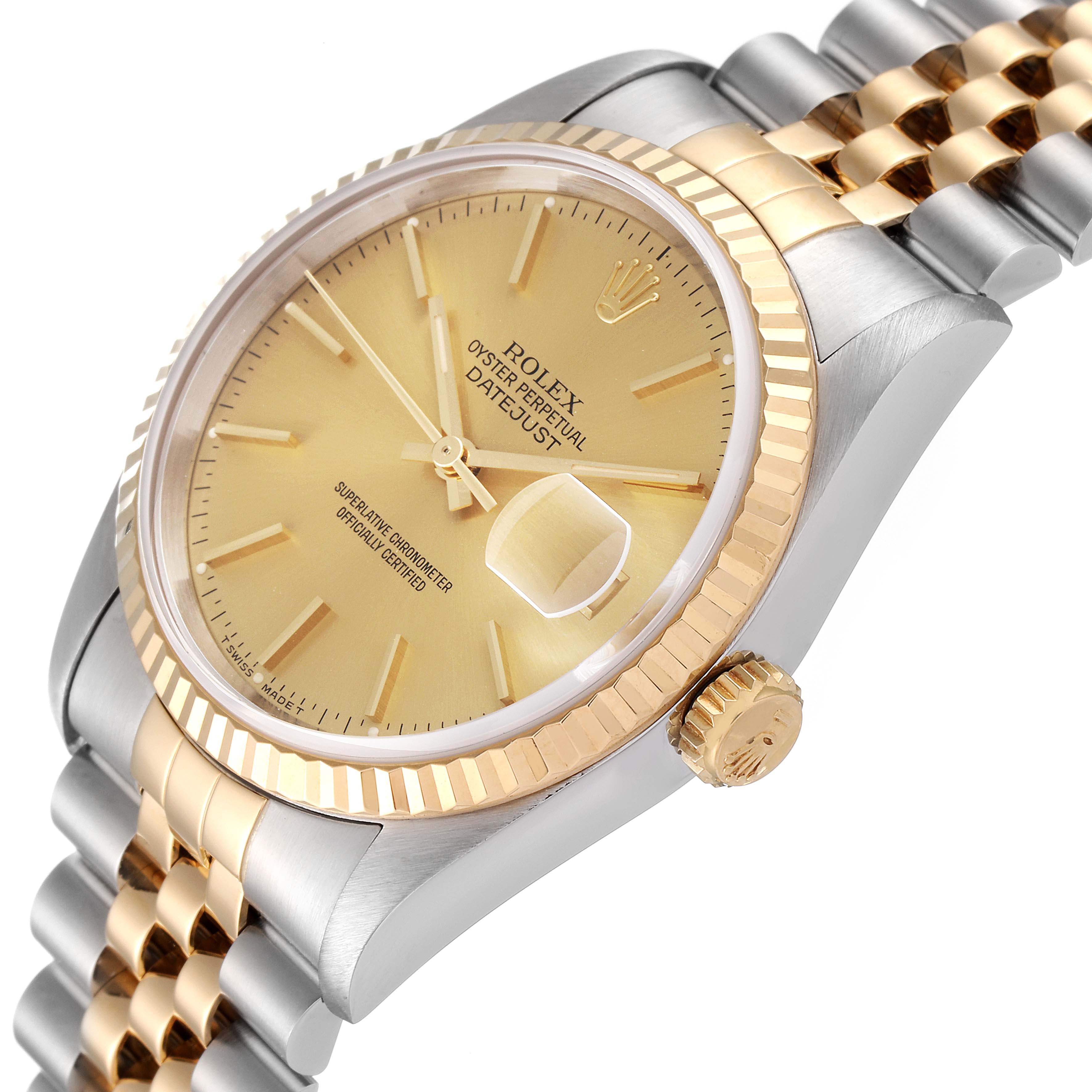 The image shows a Rolex Datejust 16233 Men's Steel and Gold (two tone) Champagne Dial 16233 Men's Steel and Gold (two tone) Champagne Dial watch from an oblique angle, highlighting the dial, fluted bezel, crown, and part of the bracelet.