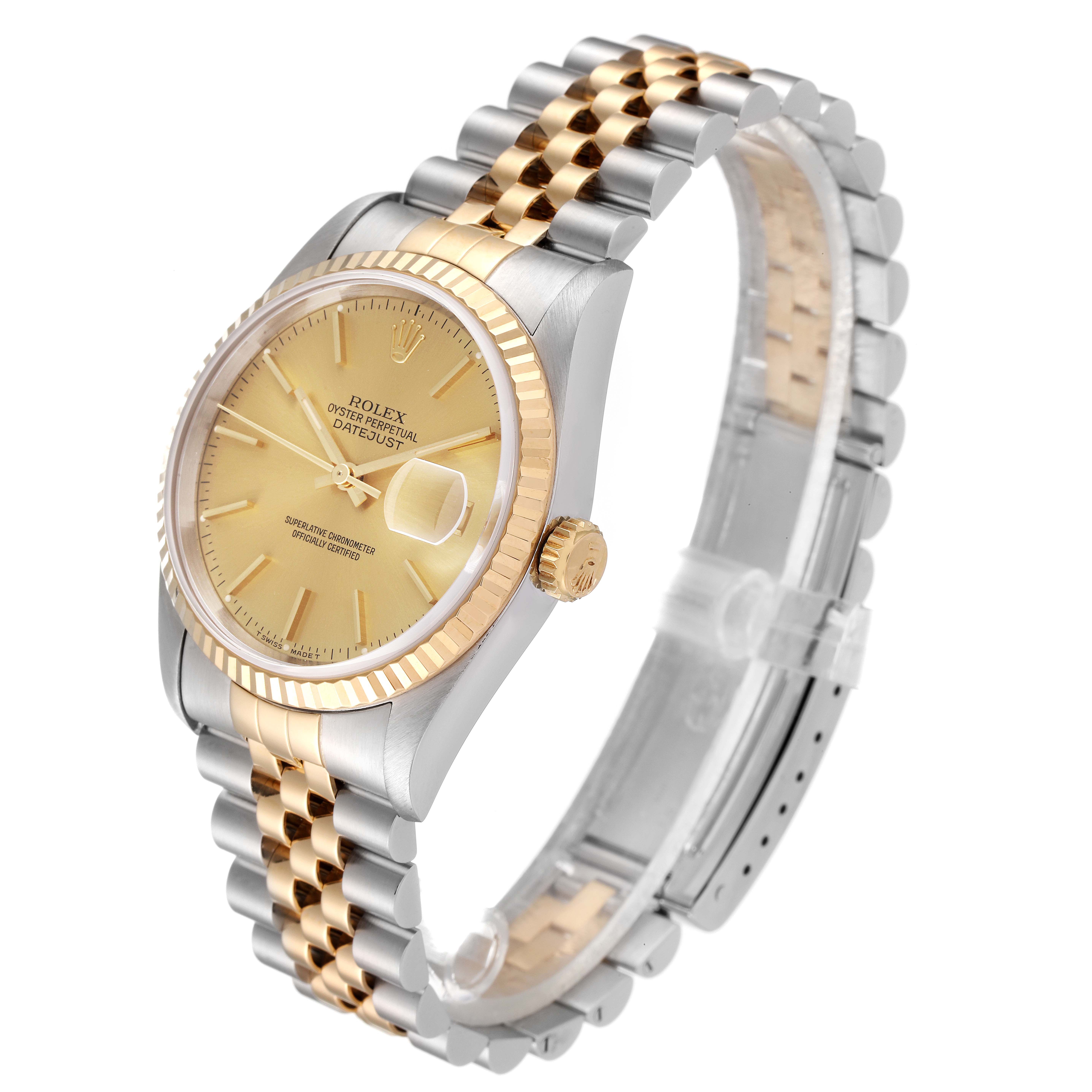 This Rolex Datejust 16233 Men's Steel and Gold (two tone) Champagne Dial 16233 Men's Steel and Gold (two tone) Champagne Dial model watch is shown at a three-quarter angle, displaying its gold and silver two-tone bracelet and champagne dial.