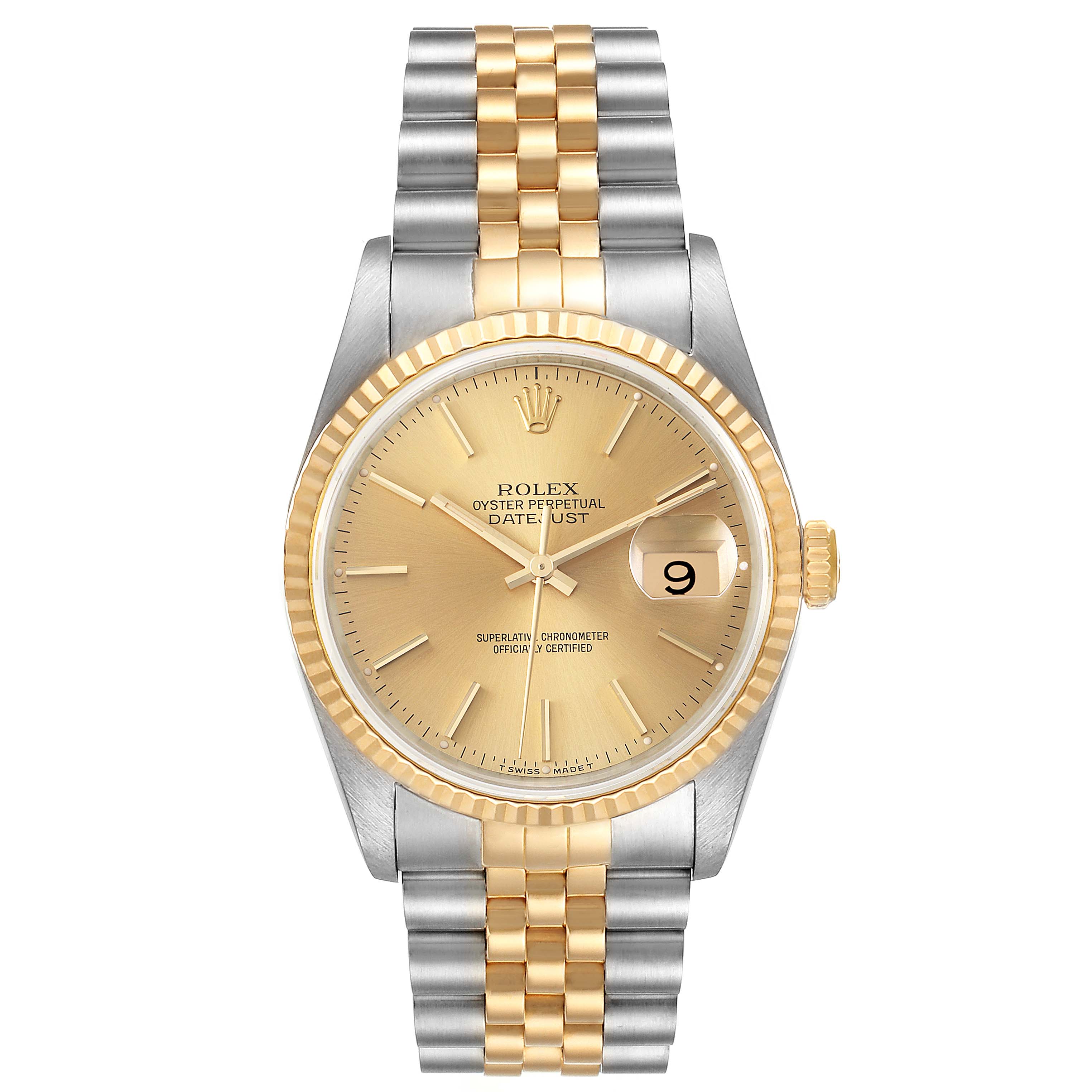 This image shows a front view of a Rolex Datejust 16233 Men's Steel and Gold (two tone) Champagne Dial 16233 Men's Steel and Gold (two tone) Champagne Dial watch with a two-tone bracelet, gold bezel, and champagne dial.