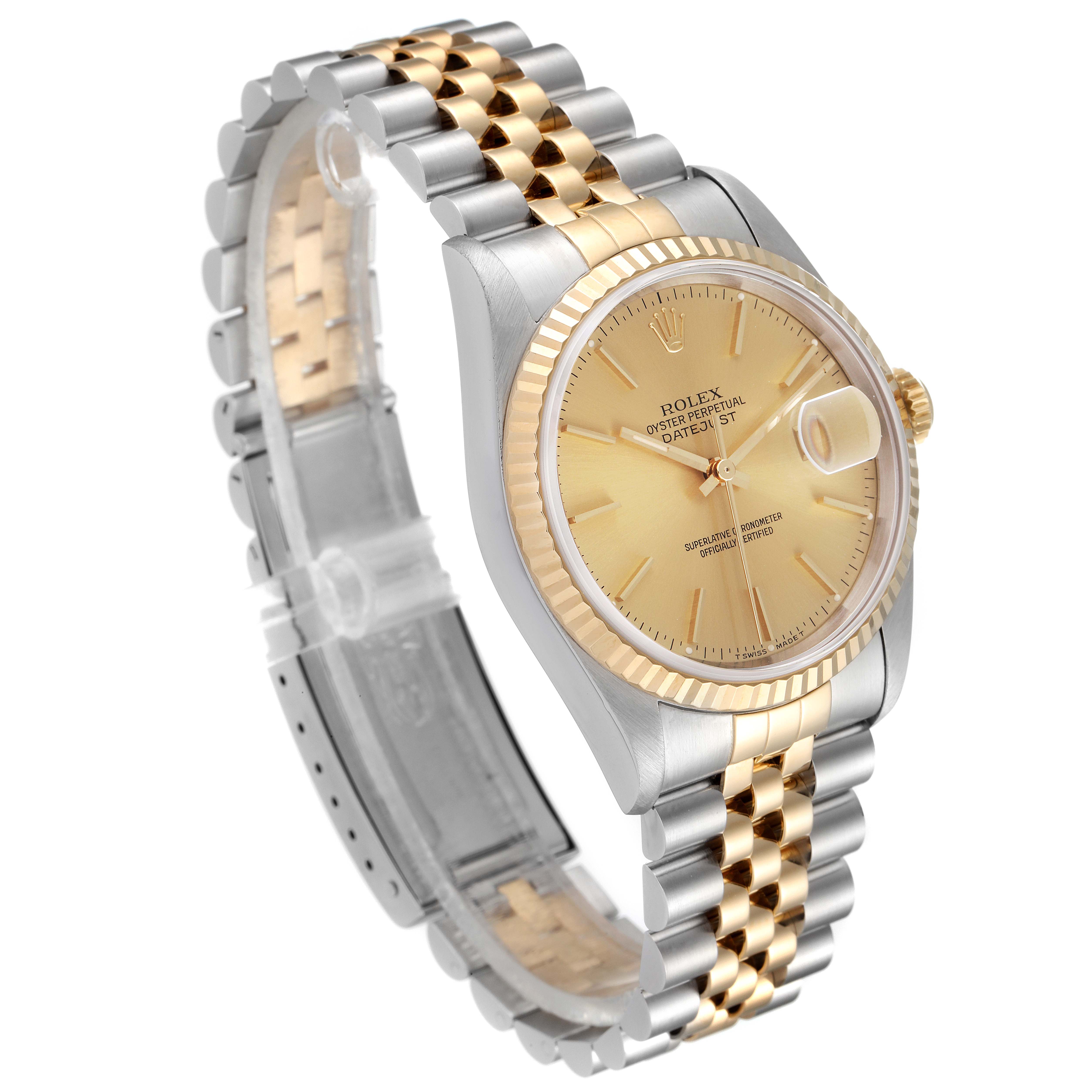 The Rolex Datejust 16233 Men's Steel and Gold (two tone) Champagne Dial 16233 Men's Steel and Gold (two tone) Champagne Dial watch is shown at an angle highlighting its two-tone bracelet, gold dial, and fluted bezel.