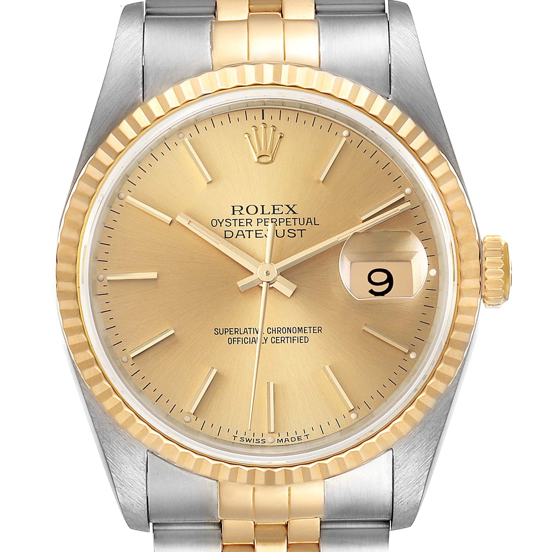 The image shows a front view of a Rolex Datejust 16233 Men's Steel and Gold (two tone) Champagne Dial 16233 Men's Steel and Gold (two tone) Champagne Dial watch, highlighting its gold dial, fluted bezel, and two-tone bracelet.