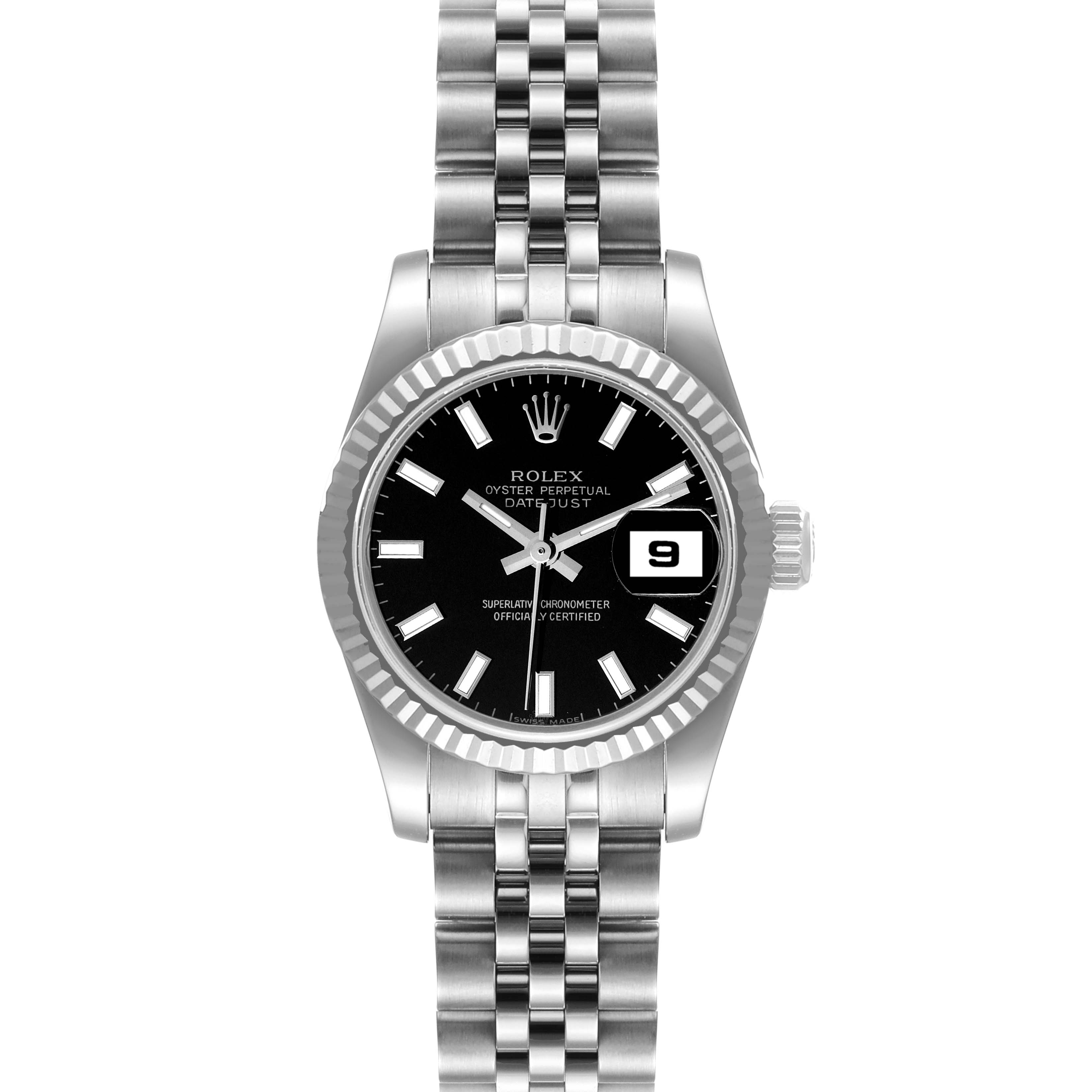 This image shows a Rolex Datejust 179174 Women's Stainless Steel Black Dial 179174 Women's Stainless Steel Black Dial watch from a straight-on angle, highlighting the dial, bezel, and bracelet.