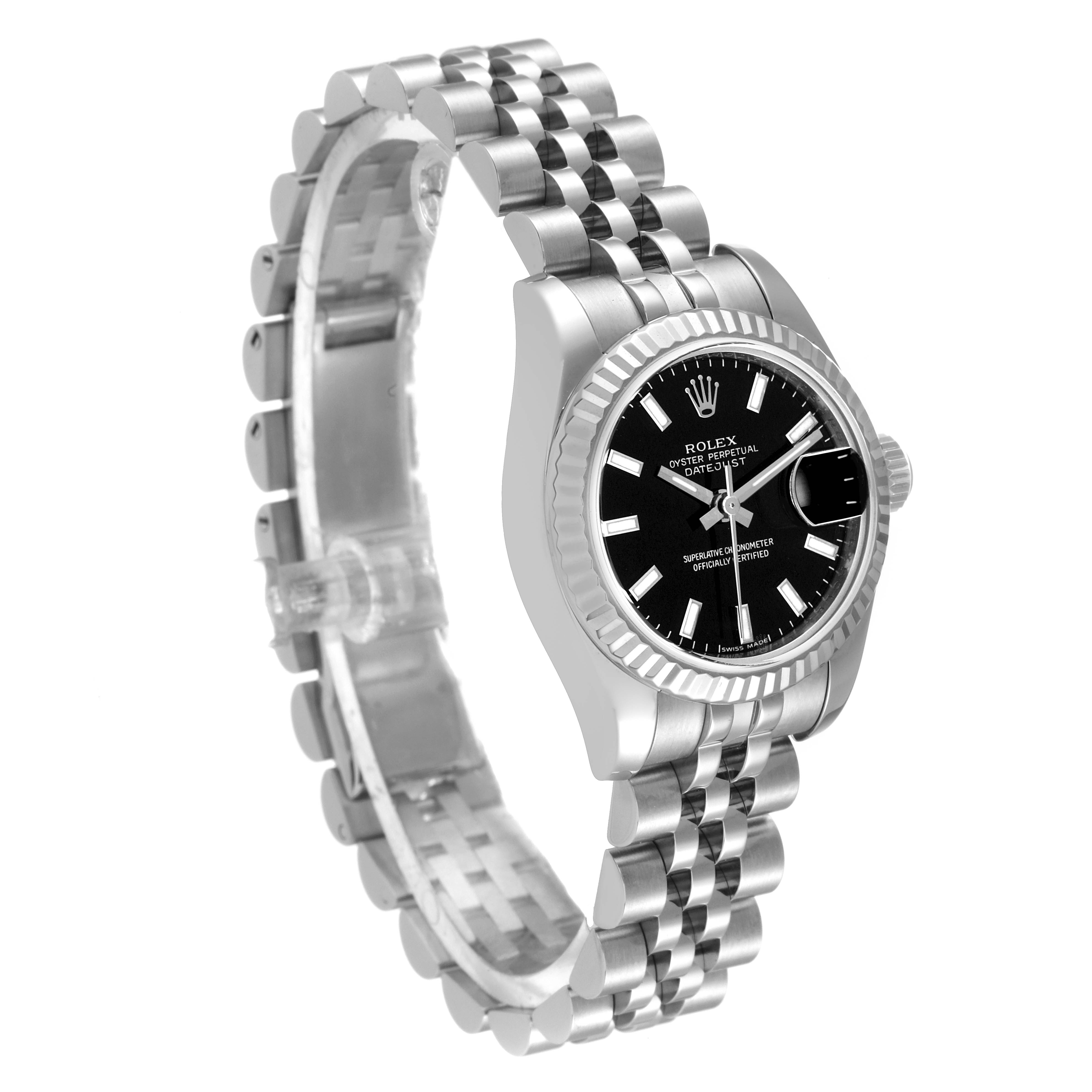 This Datejust Rolex watch is shown at an oblique angle, highlighting its face, bezel, and bracelet.