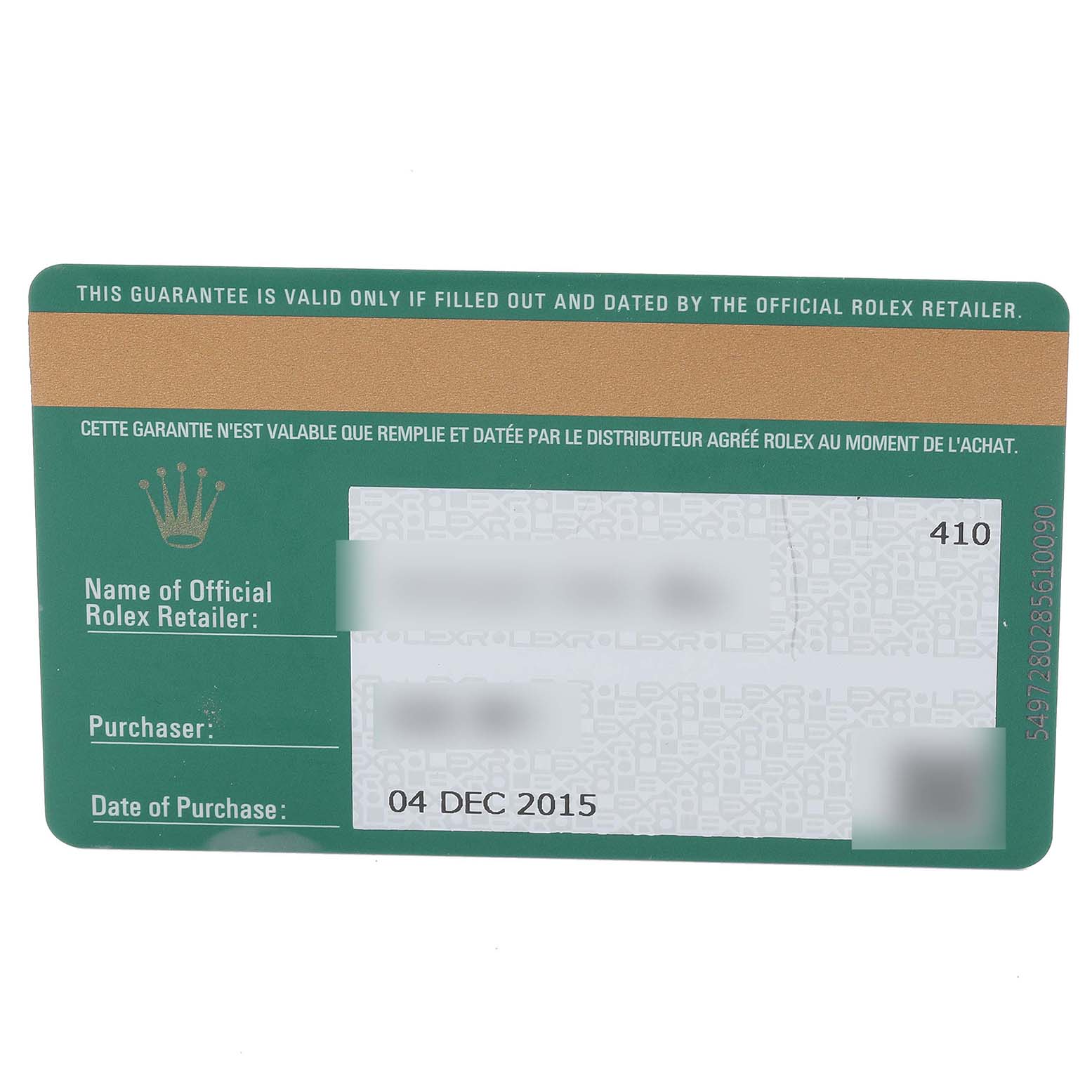 This image shows the official guarantee card for the Rolex Datejust 179174 Women's Stainless Steel Black Dial 179174 Women's Stainless Steel Black Dial model, highlighting the purchase date and retailer information.