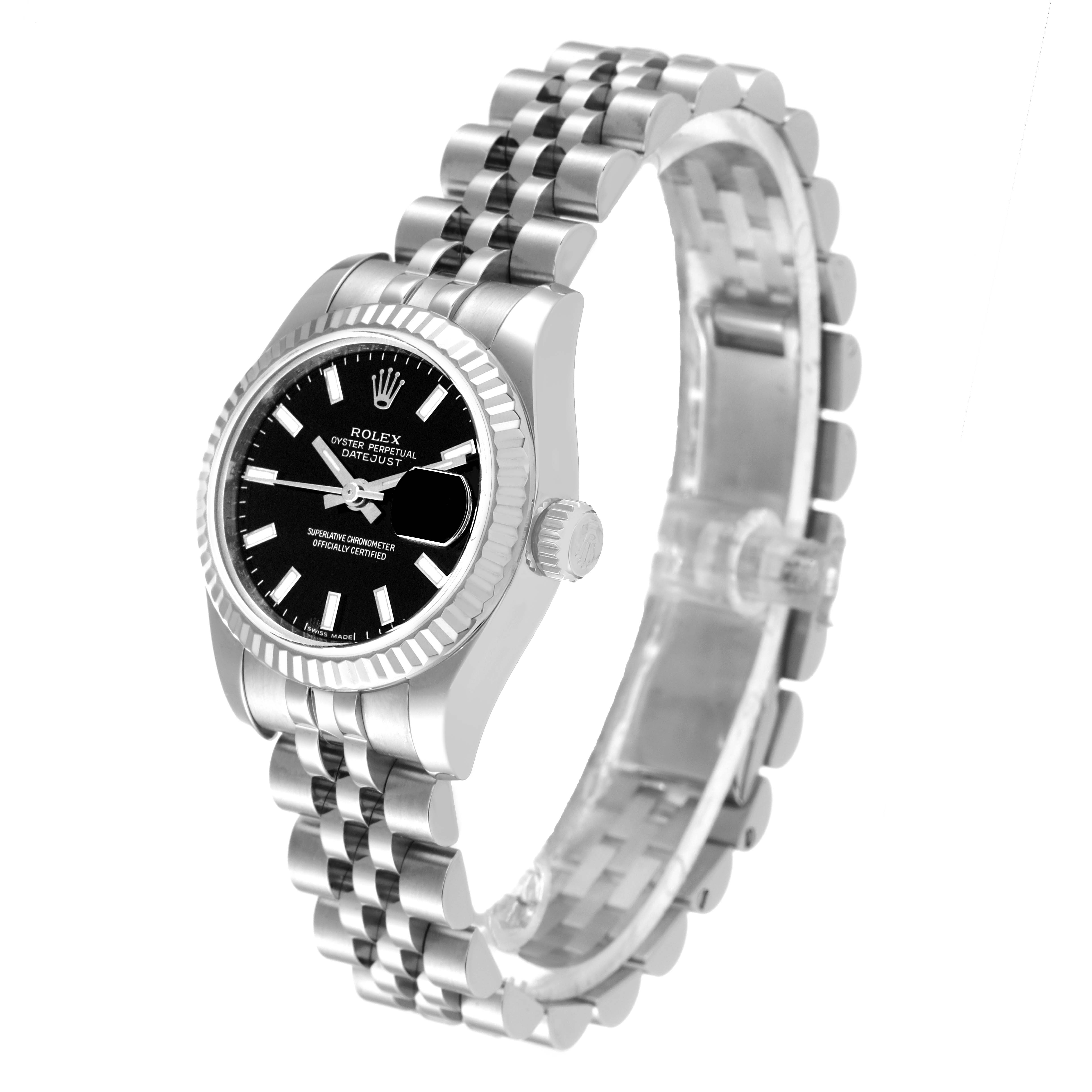 The image shows a Rolex Datejust 179174 Women's Stainless Steel Black Dial 179174 Women's Stainless Steel Black Dial watch at a slightly angled side view, displaying the face, bezel, and part of the bracelet.